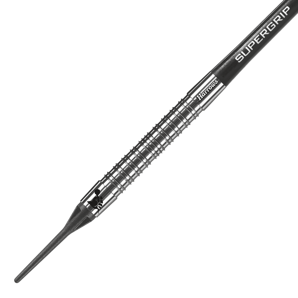 HA11810-Harrows-Supergrip-90-Softdarts-2 Das Bild zeigt einen Harrows Supergrip 90% Softdart. Der Dartpfeil hat einen silbernen, gerillten Schaft und eine schwarze Spitze.