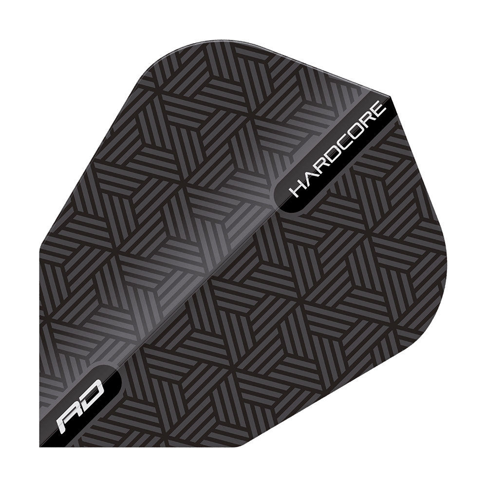 TF6849_Red_Dragon_Black_V-Standard_Flights_1naUzYtYFrwWNN Das Bild zeigt das Produkt "Red Dragon Black V-Standard Flights". Das Flight ist schwarz mit einem geometrischen Muster und trägt die Aufschrift "HARDCORE" und "RD".