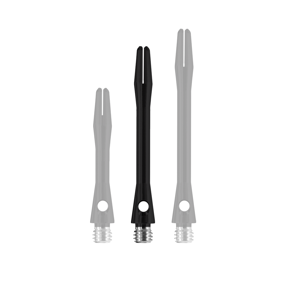 HR367_Harrows_Keramic_Shafts_Schwarz_41mm_1 Das Bild zeigt drei schwarze Harrows Keramic Shafts in mattem Finish. Sie sind in unterschiedlichen Längen angeordnet und haben ein silbernes Gewinde am unteren Ende.