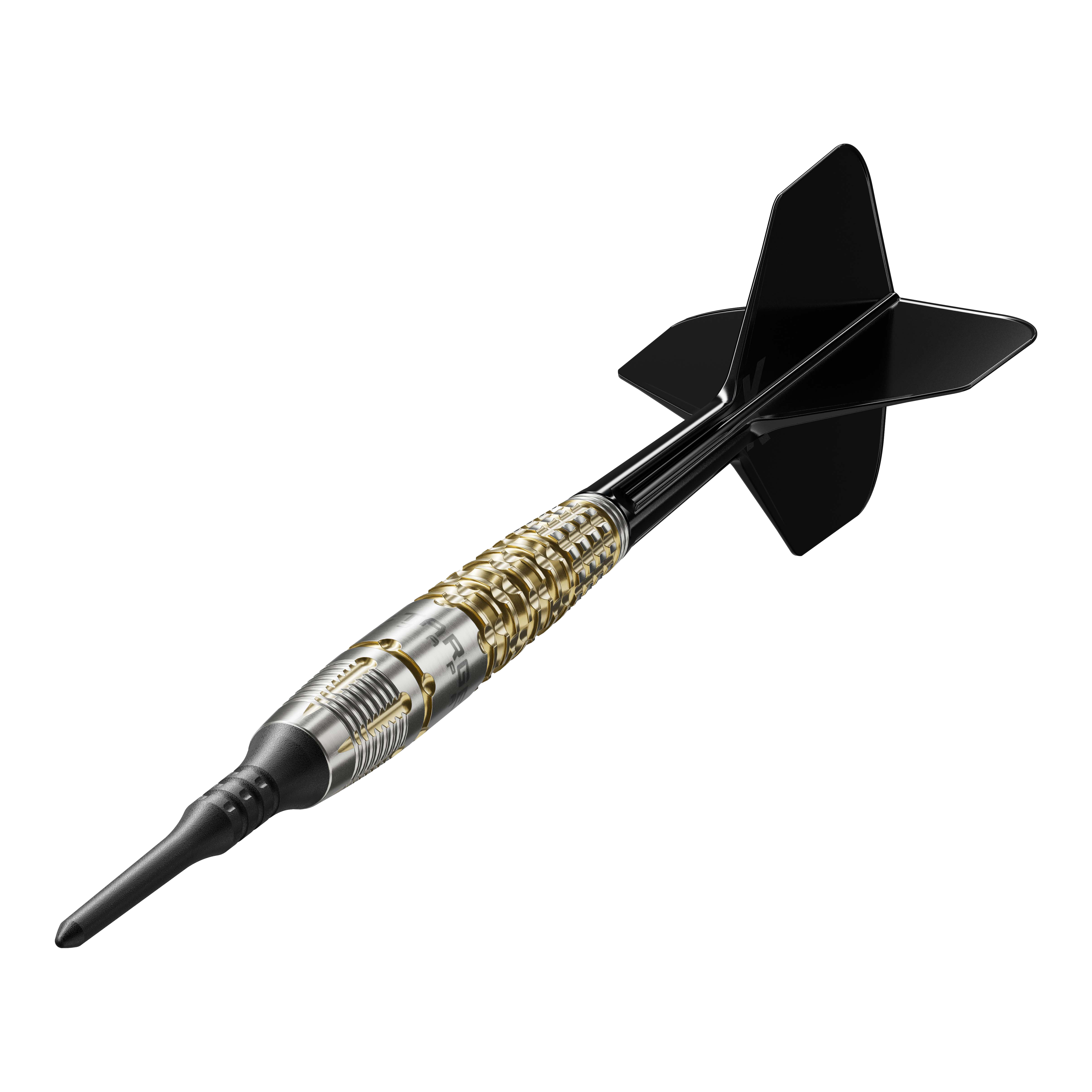 Dies ist der Target Japan Black Marque Warrior Softdart mit einem Gewicht von 18,5 Gramm. Er besitzt ein elegantes Design mit goldenen und silbernen Akzenten sowie schwarzen Flights.