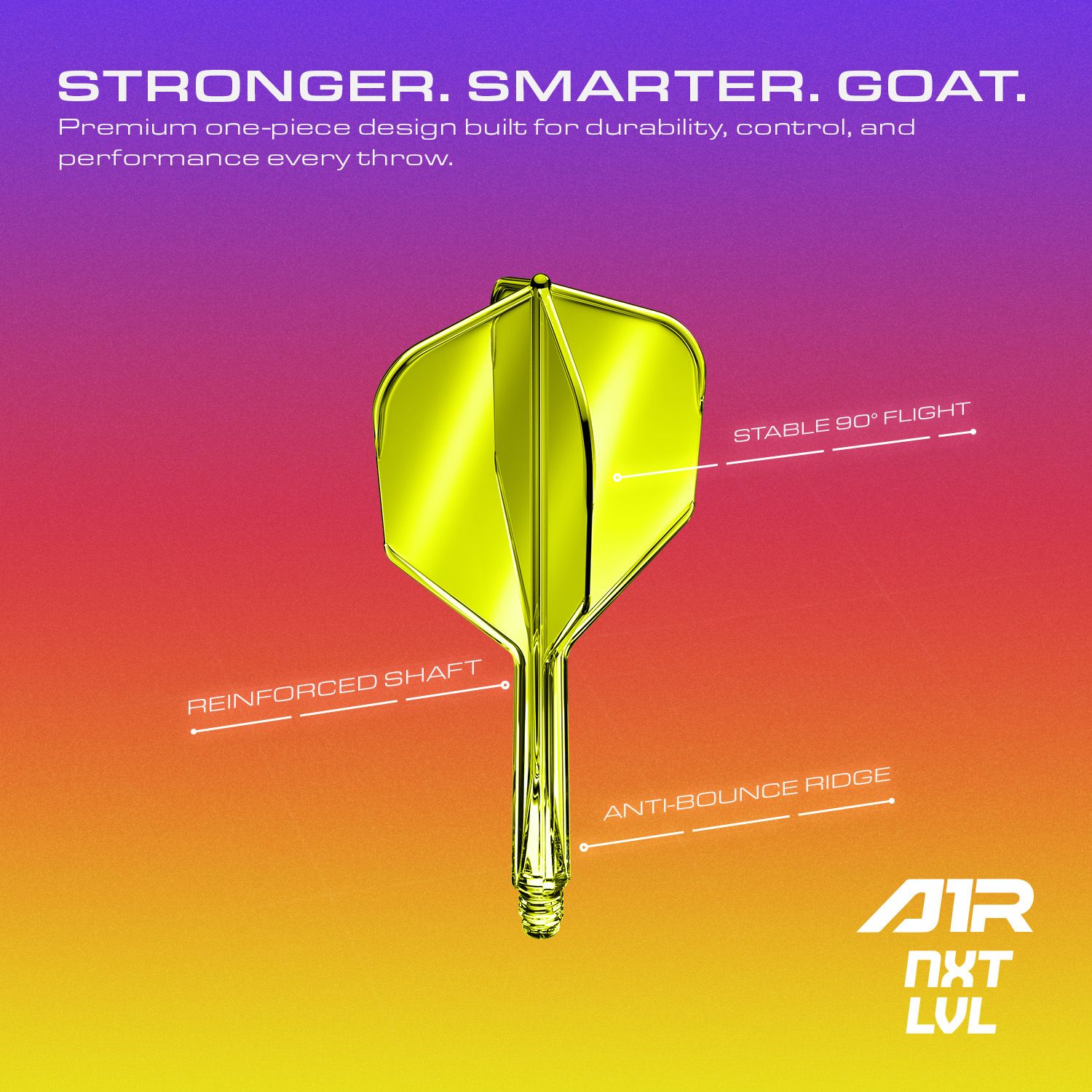 Das Bild zeigt das GOAT A1R No6 Flight-Shaft-System in Neon Gelb aus einer anderen Perspektive. Das Produkt ist für Dartspieler geeignet.