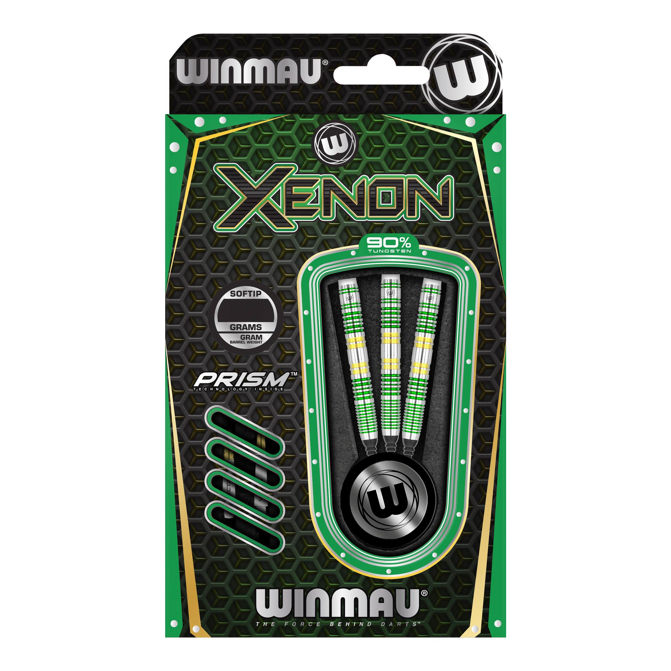 Winmau Xenon Softdarts - 20g Das Bild zeigt eine Packung Winmau Xenon Softdarts mit einem Gewicht von 20g. Die Verpackung ist überwiegend schwarz und grün gestaltet und enthält drei Darts.