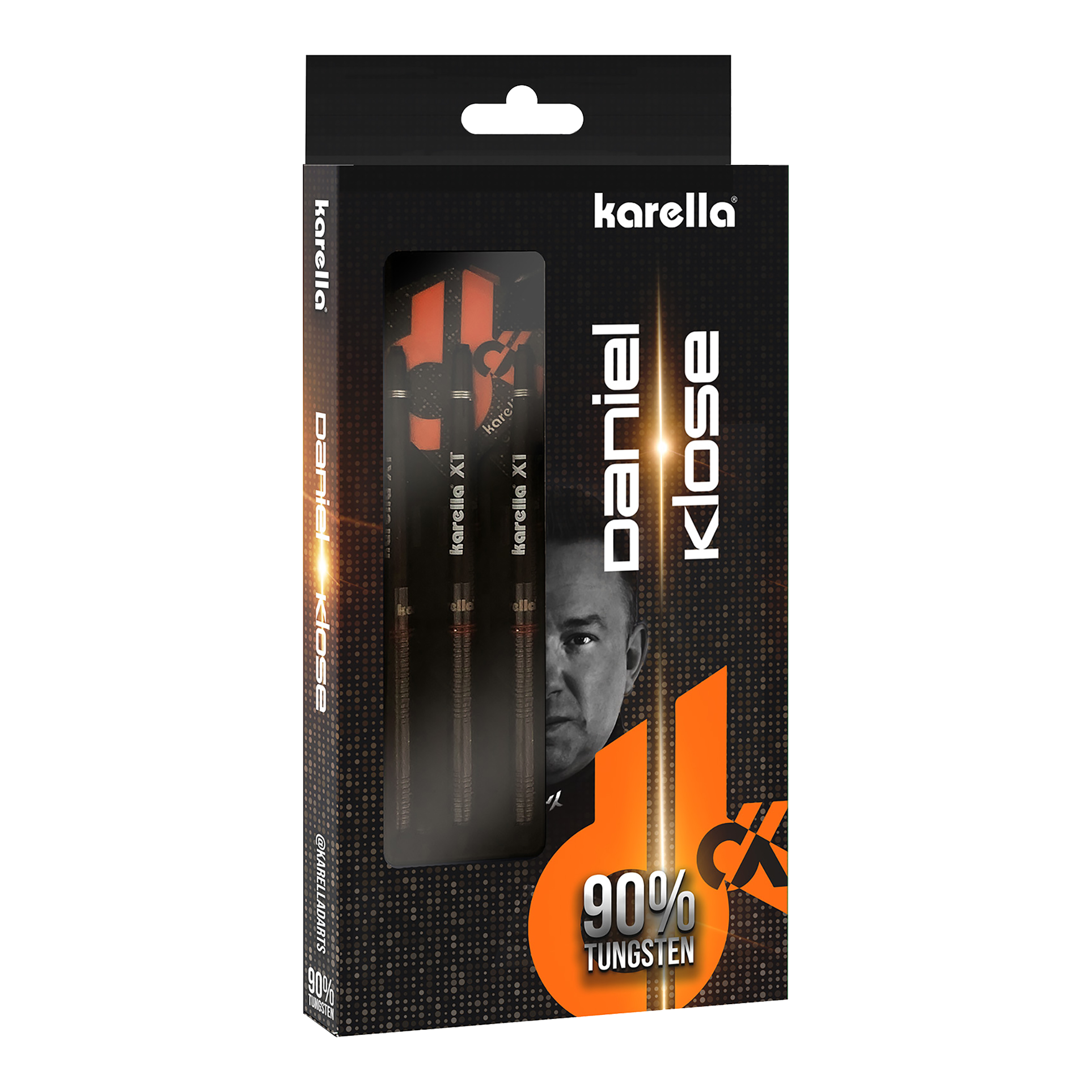 Karella Daniel Klose steel darts Die Verpackung zeigt die Karella Daniel Klose Steeldarts. Die Darts bestehen zu 90% aus Wolfram.