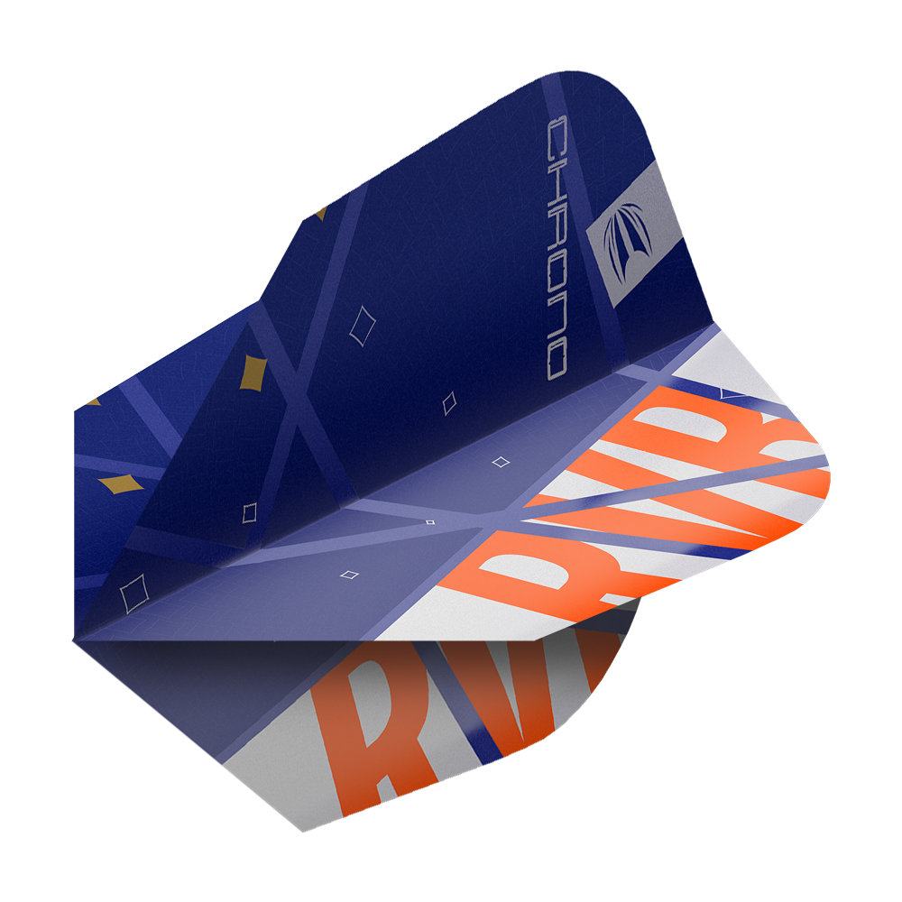 Das Bild zeigt ein Dart-Flight aus der Serie "Target Pro Ultra Raymond Van Barneveld Chrono Ten-X Standard". Das Flight ist hauptsächlich blau mit orangefarbenen und weißen Akzenten sowie dem Schriftzug "RV" und "CHRONO".