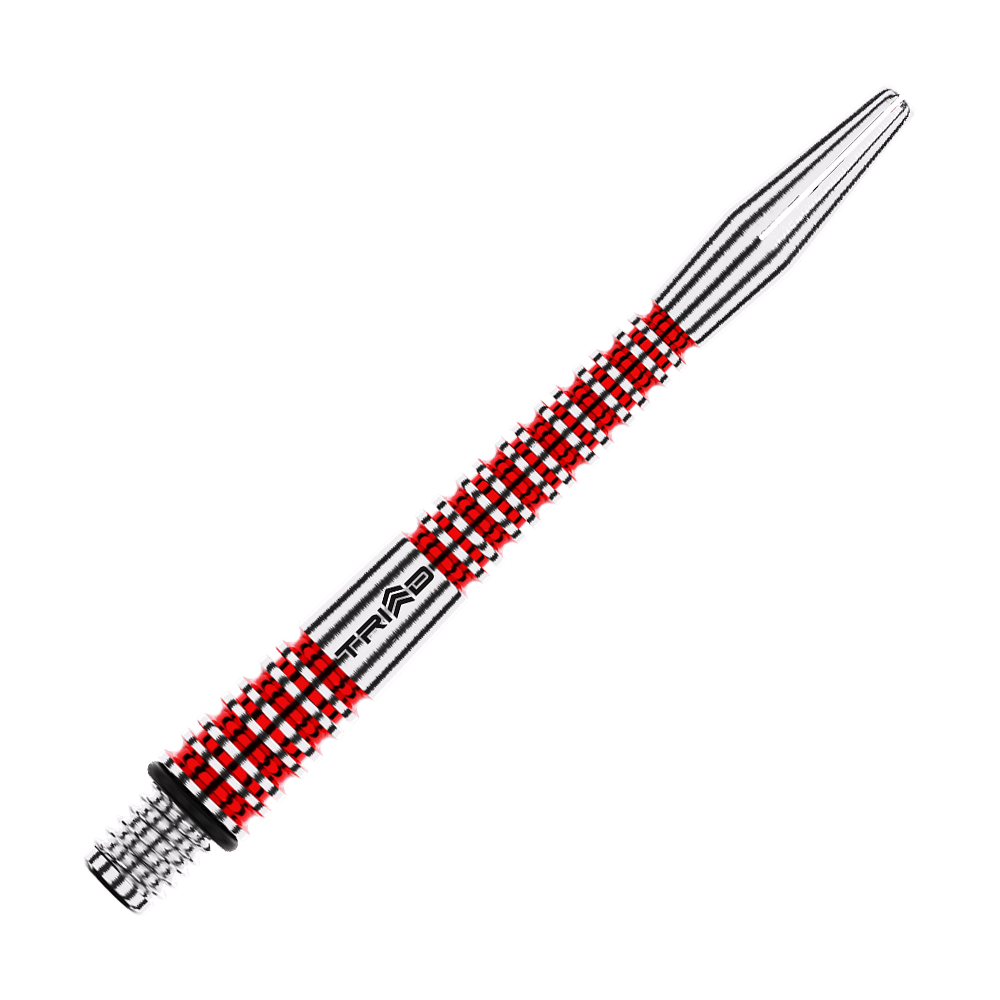 Das Bild zeigt einen rot-silbernen Aluminium-Dartschafte mit dem Schriftzug "TRIAD". Die Oberfläche ist strukturiert und bietet einen guten Halt.