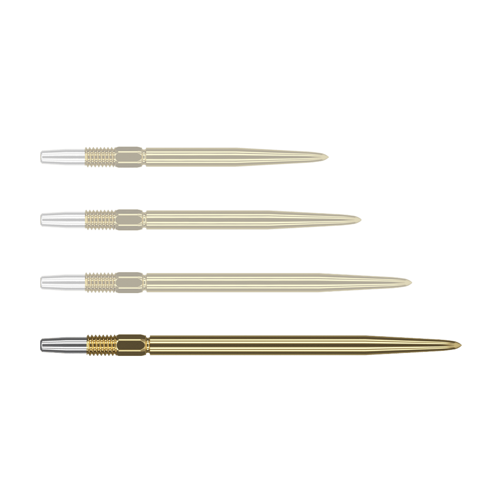 Target Swiss Point Gold dart tips Auf dem Bild sind vier goldfarbene Dartspitzen zu sehen, die nebeneinander liegen. Die Spitzen haben einen silbernen Abschnitt am linken Ende und sind ansonsten komplett goldfarben.