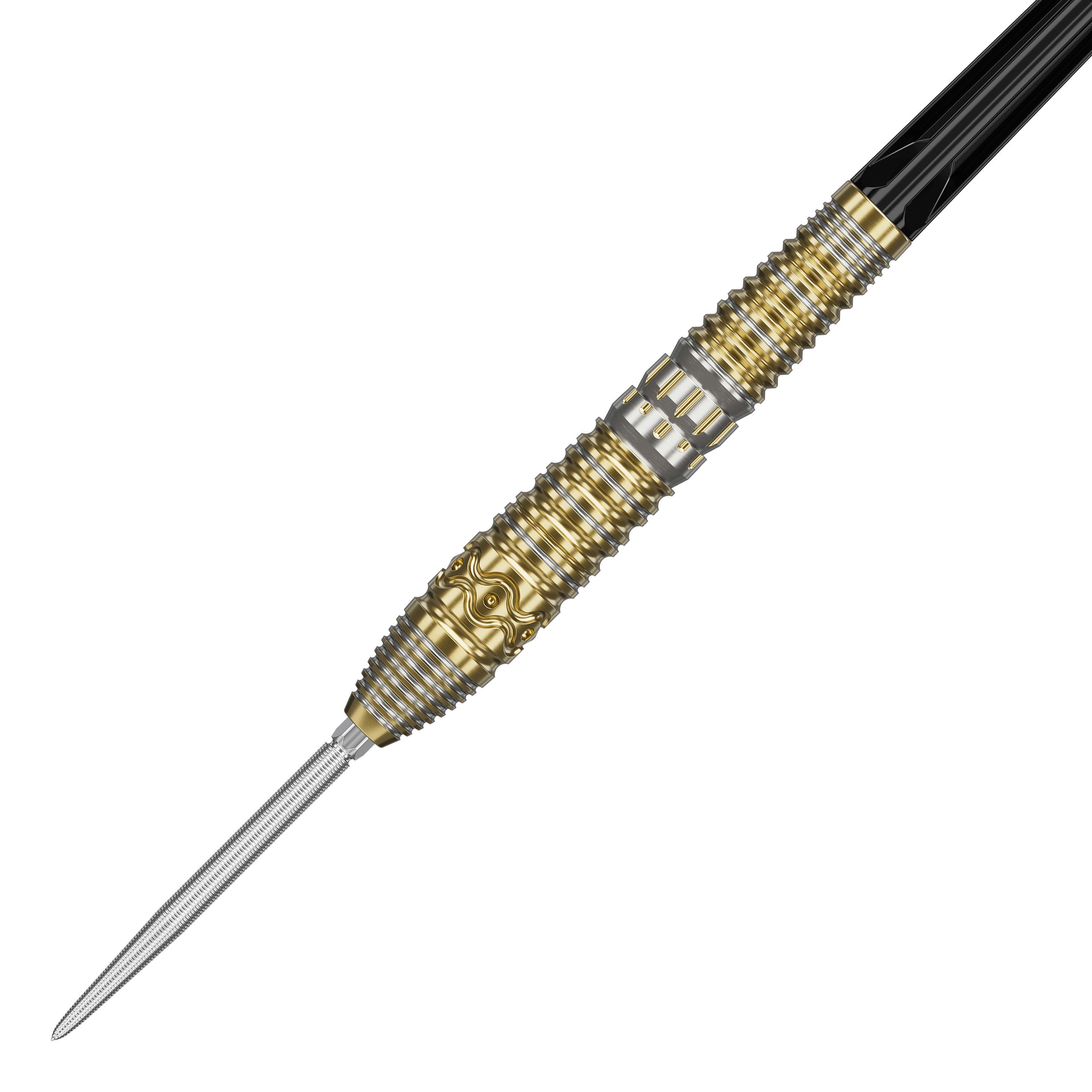 Das Bild zeigt einen Target Japan Hot Shot GEN2 Steeldart mit einem Gewicht von 23g. Der Steeldart hat ein auffälliges Design mit goldenen und silbernen Rillen und Mustern am Barrel.