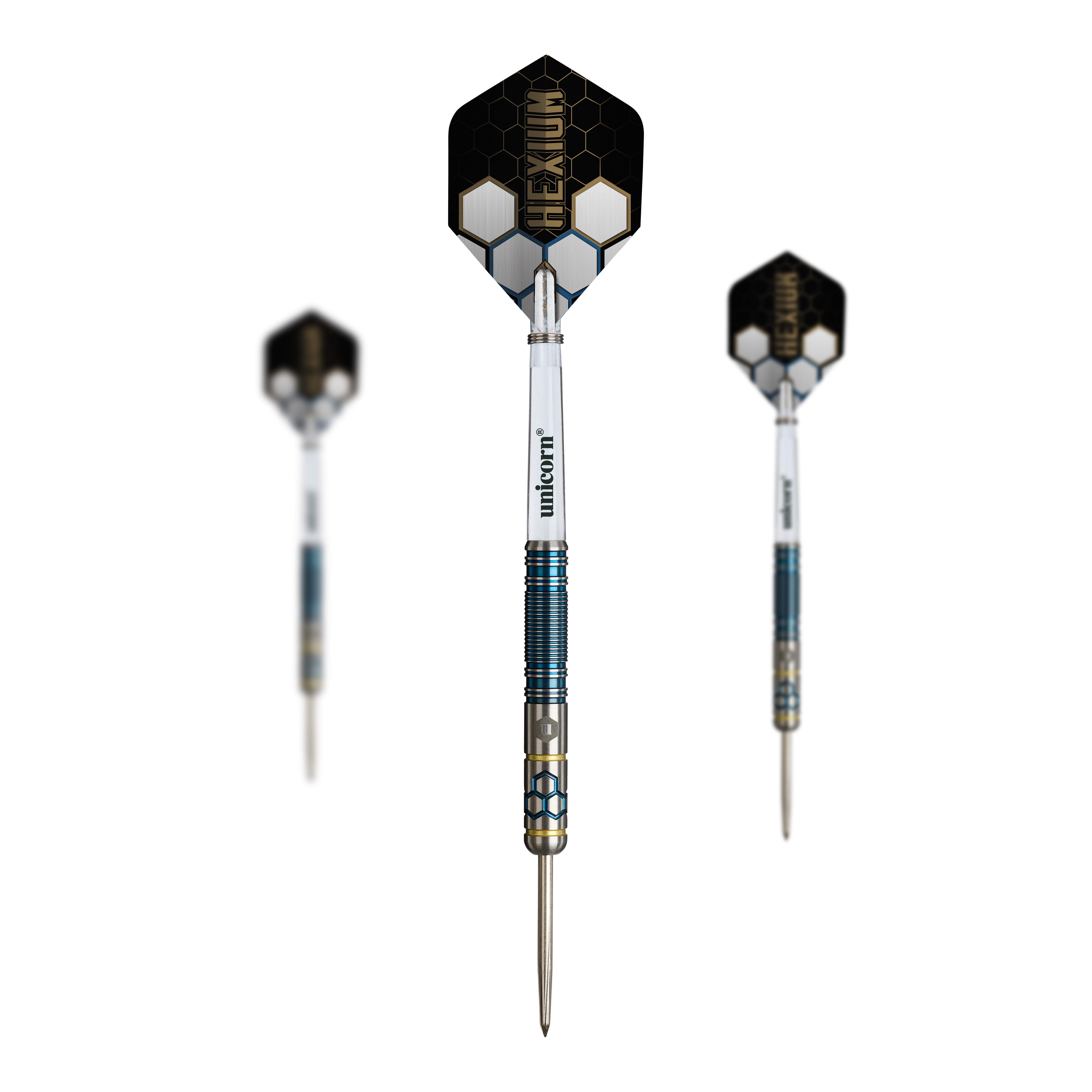 Auf dem Bild ist ein Set der Unicorn Hexium Style 02 Blue & Gold Steeldarts abgebildet. Das Set enthält Steeldarts in eleganten Farben.
