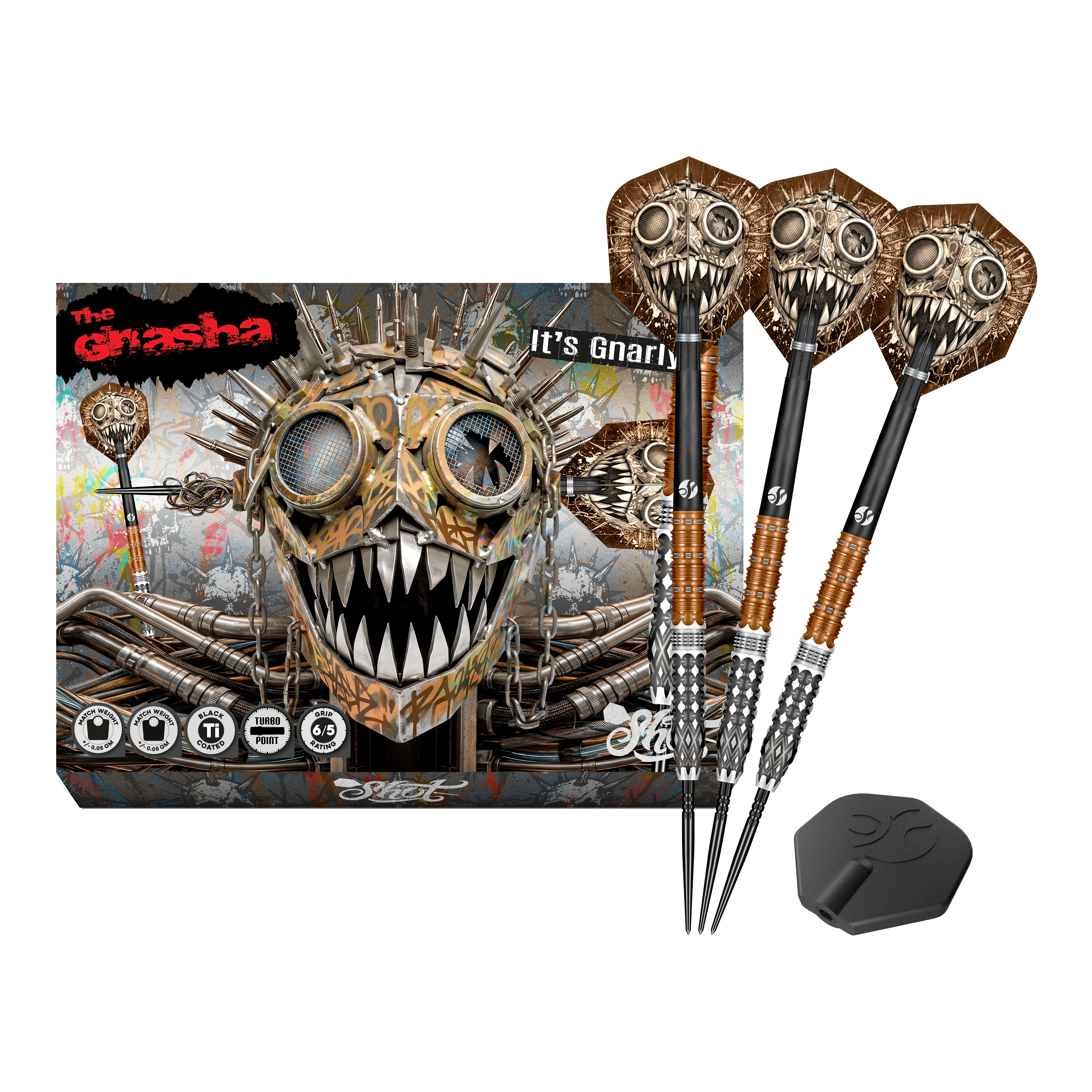 Shot Gnarly Gnasha Turbo Point Steeldarts - 23g Dieses Bild stellt die Shot Gnarly Gnasha Turbo Point Steeldarts mit 23g vollständig dar. Das Set ist ideal für Dart-Liebhaber.