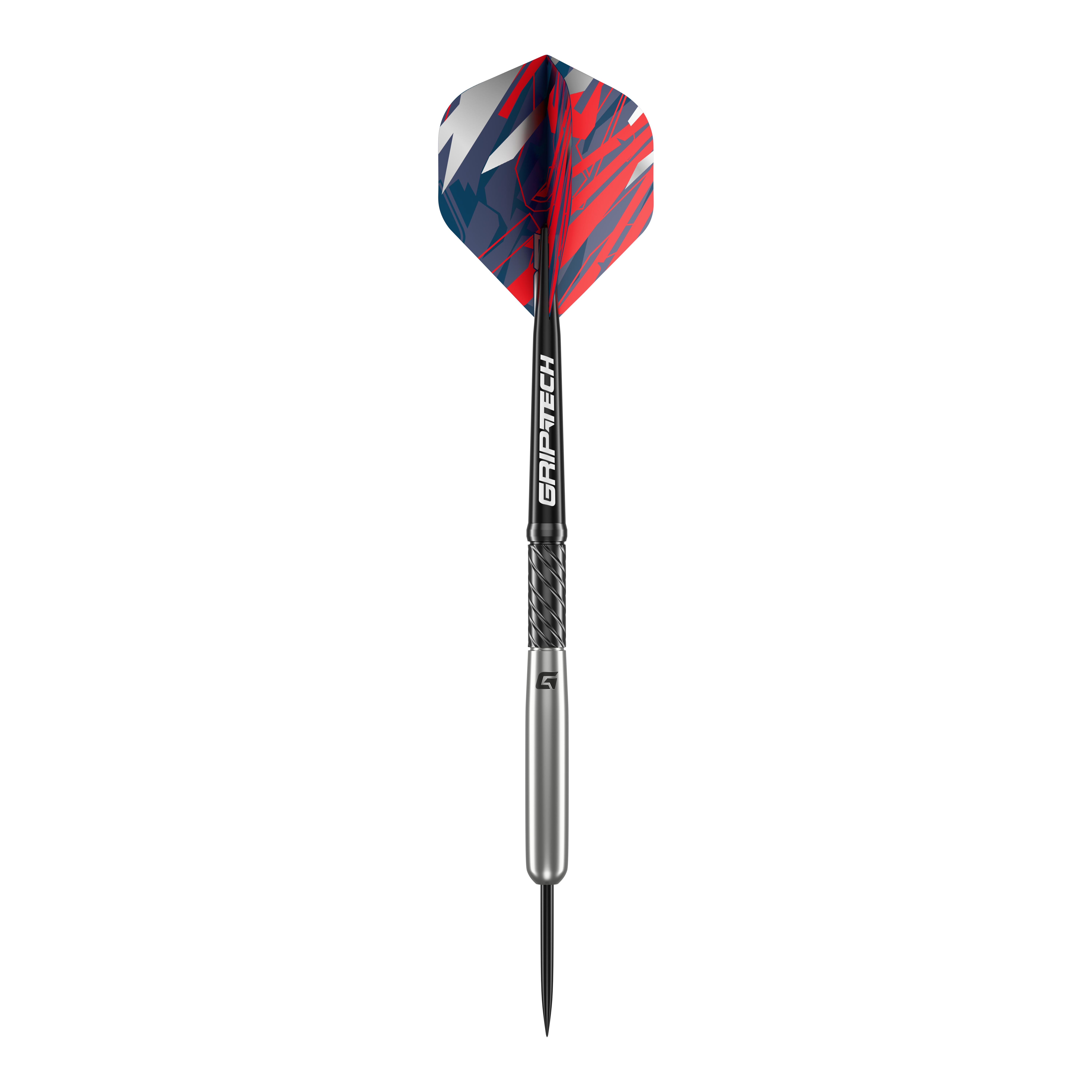Das Bild zeigt den GOAT Homerun Baseball Tungsten Steeldart. Der Dart hat auffällige Flights in Rot, Blau und Weiß sowie einen silbernen Schaft mit der Aufschrift "GRIP-TECH".