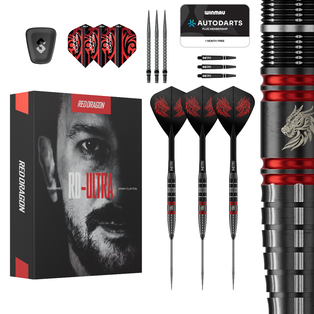 Auf dem Bild ist das Produkt Red Dragon Jonny Clayton RD-ULTRA Switch Point Steeldarts - 22g zu sehen. Die Steeldarts befinden sich vor einem weißen Hintergrund.