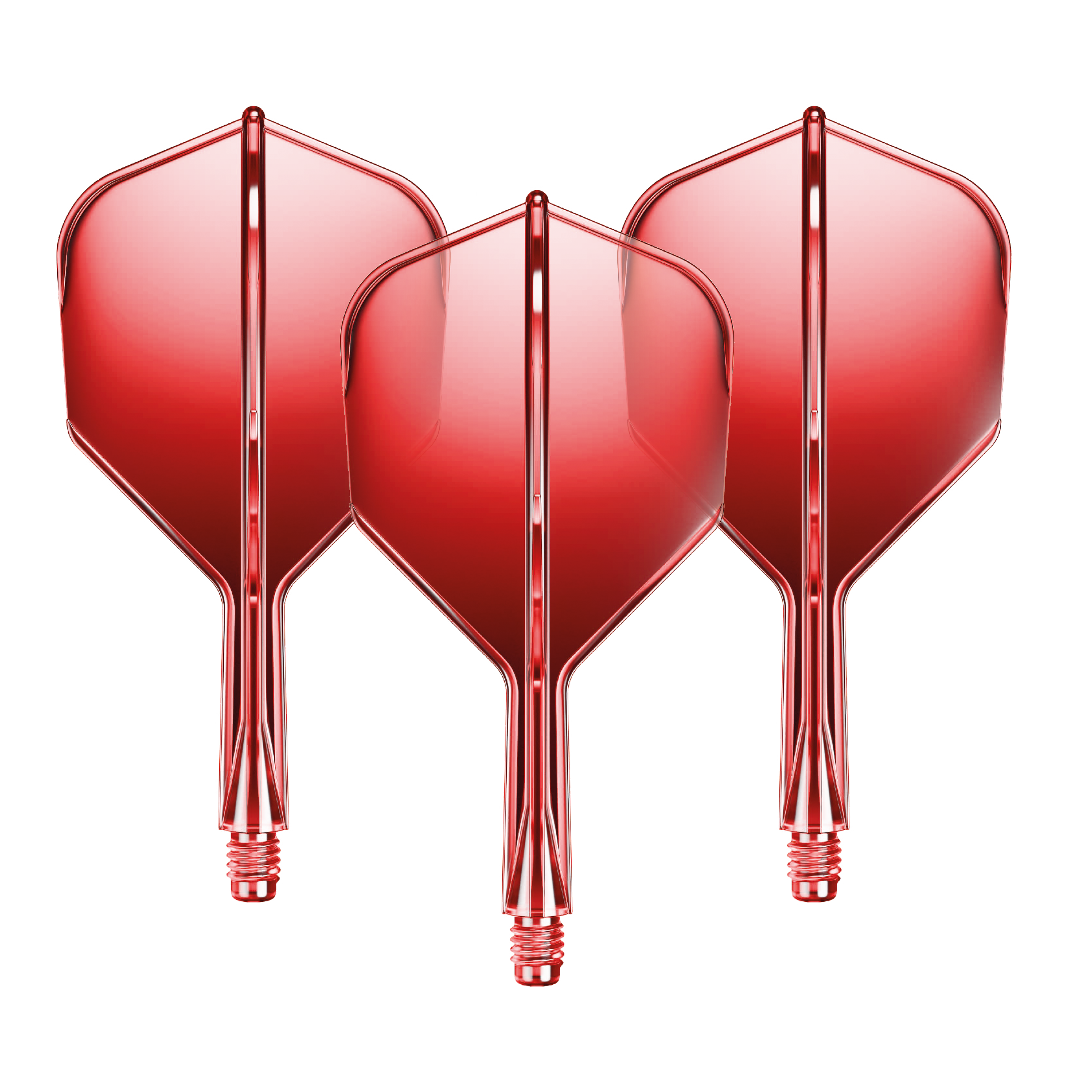 Auf dem Bild sind drei rote Dart-Flights mit Shafts zu sehen. Sie sind gleichmäßig nebeneinander angeordnet und glänzen leicht.