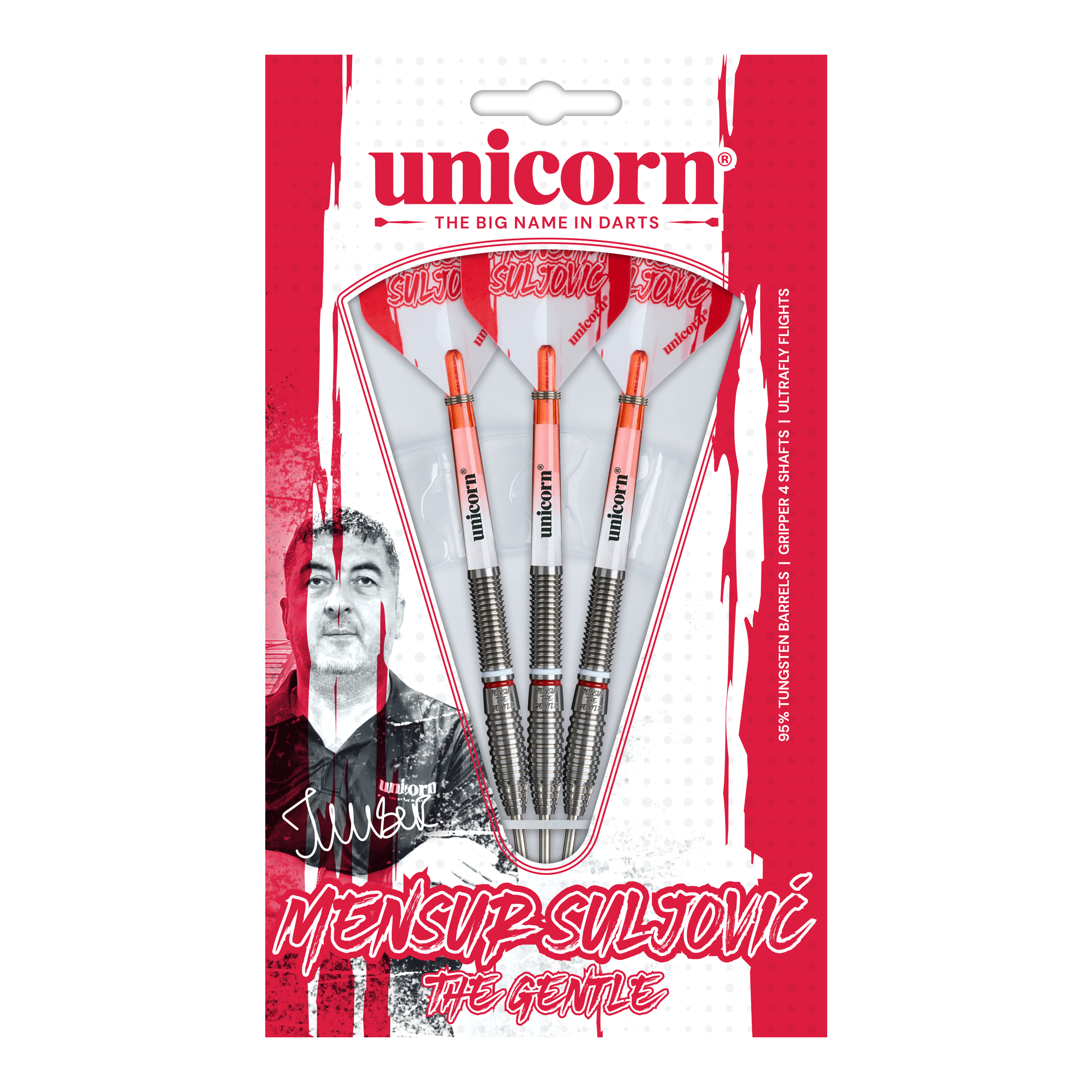 Unicorn Scale Suljovic The Gentle Steeldarts - 23g Abgebildet ist das Unicorn Mensur Suljovic The Gentle Steeldarts-Set mit 23g Gewicht. Diese Darts sind für alle gedacht, die Mensur Suljovic schätzen.