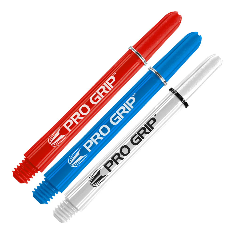 Target Pro Grip Shafts - 3 Sets - Red Blue White Das Bild zeigt drei Dartschäfte in den Farben Rot, Blau und Weiß. Auf jedem Schaft steht der Schriftzug "PRO GRIP".