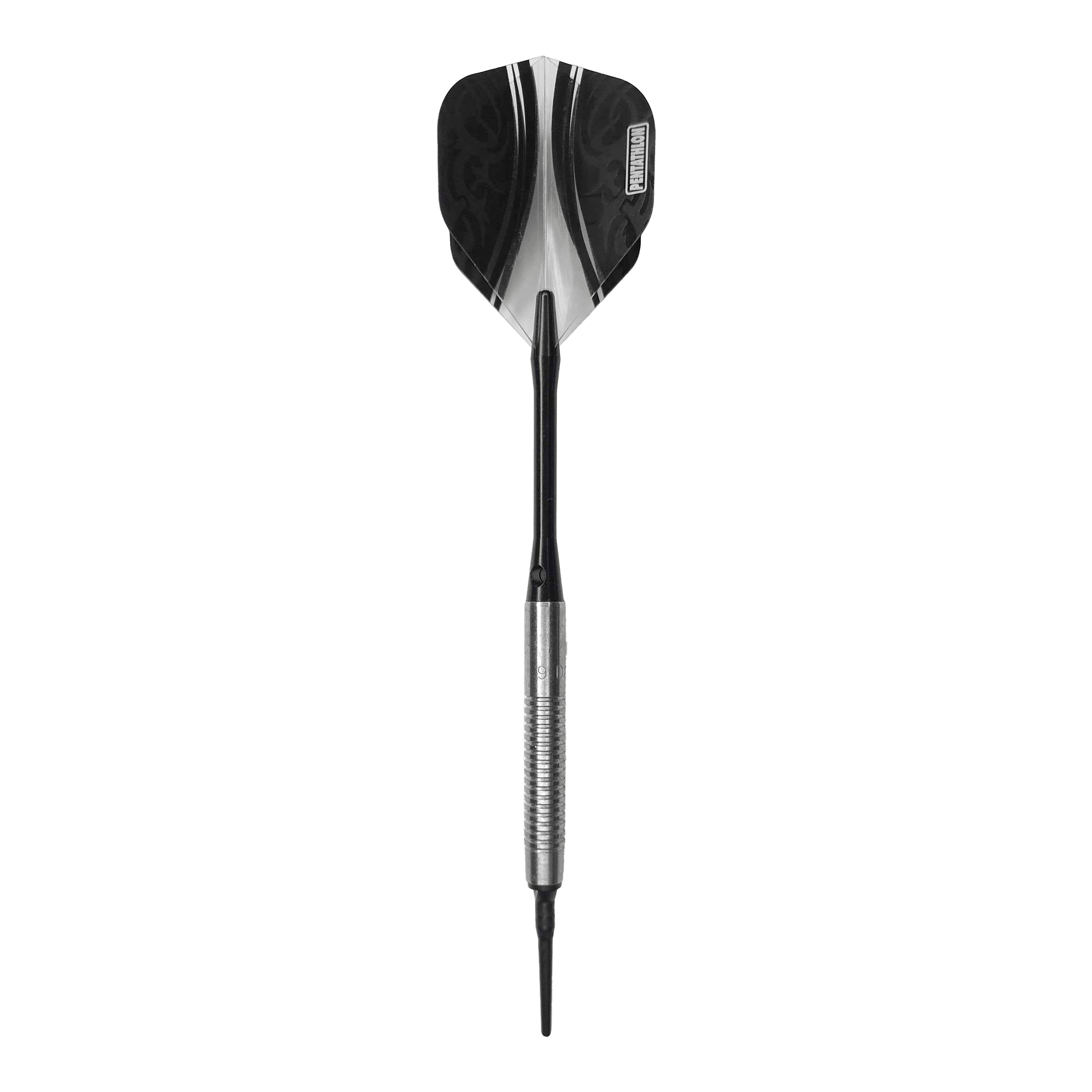 McDart 85 Tungsten V21 soft darts - 18.5g Das Bild zeigt einen McDart 85er Tungsten V21 Softdart mit einem Gewicht von 18,5g. Der Dart hat eine silberne, gerillte Barrel und schwarze Flights.
