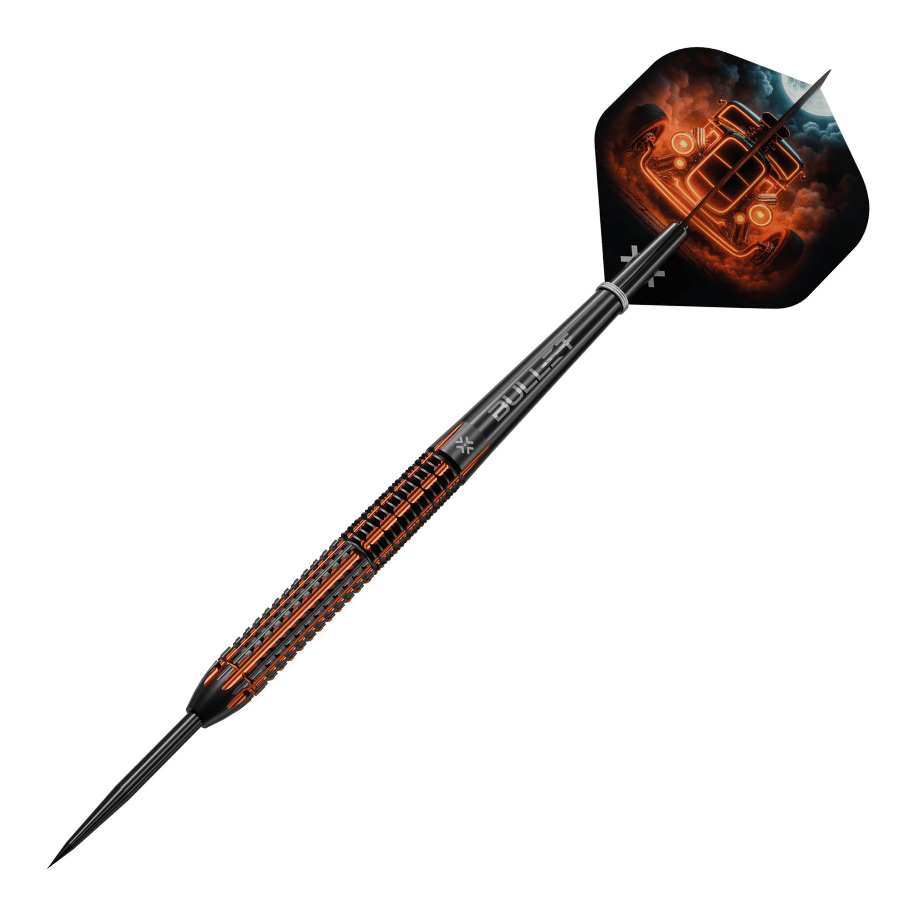 Bullet Hotrod Steel Darts Bullet Hotrod Steeldarts werden abgebildet. Der Fokus liegt auf einem Dartpfeil aus der Produktreihe.