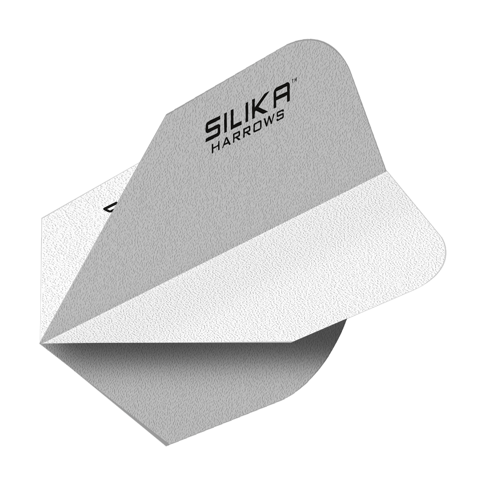Harrows Silica Solid Tough Crystalline Coating White No6 Flights Das Bild zeigt ein weißes Dart-Flight mit der Aufschrift "Silika Harrows". Das Flight hat eine solide, strukturierte Oberfläche und ist speziell für hohe Haltbarkeit entwickelt.