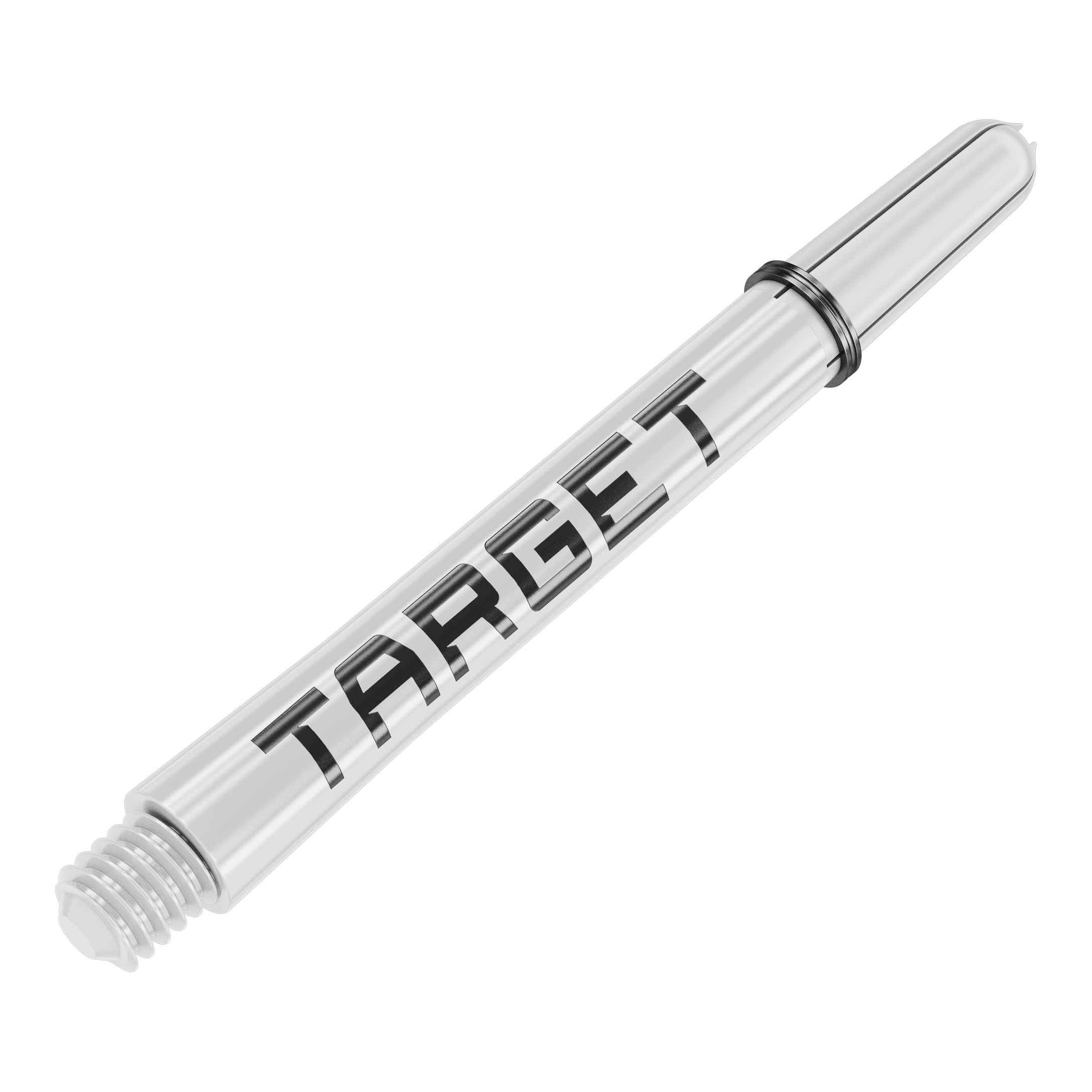 Target Pro Grip TAG Shafts - 3 Sets - White Das Bild zeigt einen weißen Dart-Schaft mit der Aufschrift "TARGET". Der Schaft ist aus Kunststoff und hat ein Schraubgewinde am Ende.