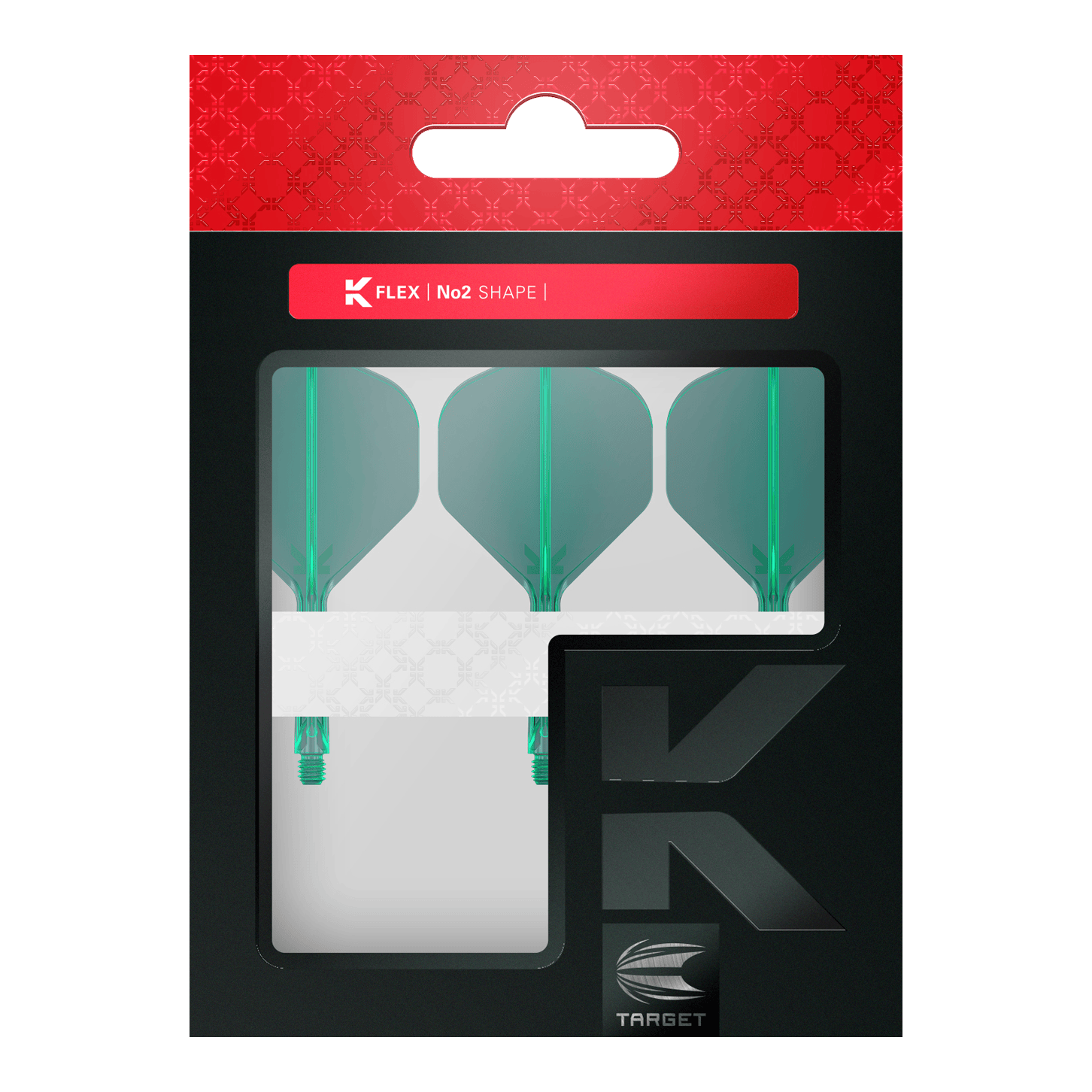 Target K-Flex No2 Standard Flight System - Green Dart-Flights mit gleichmäßiger Flächenstruktur und definierter Form sind abgebildet. Die Produkte liegen sortiert neben- und übereinander.