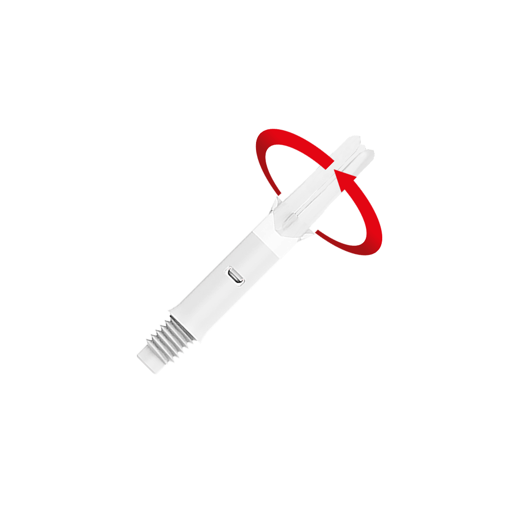 L-L-Style-Shafts Silent Straight - White Das Bild zeigt einen weißen Dartshaft ohne Kappen. Ein roter Pfeil deutet eine Drehbewegung an der Spitze des Shafts an.