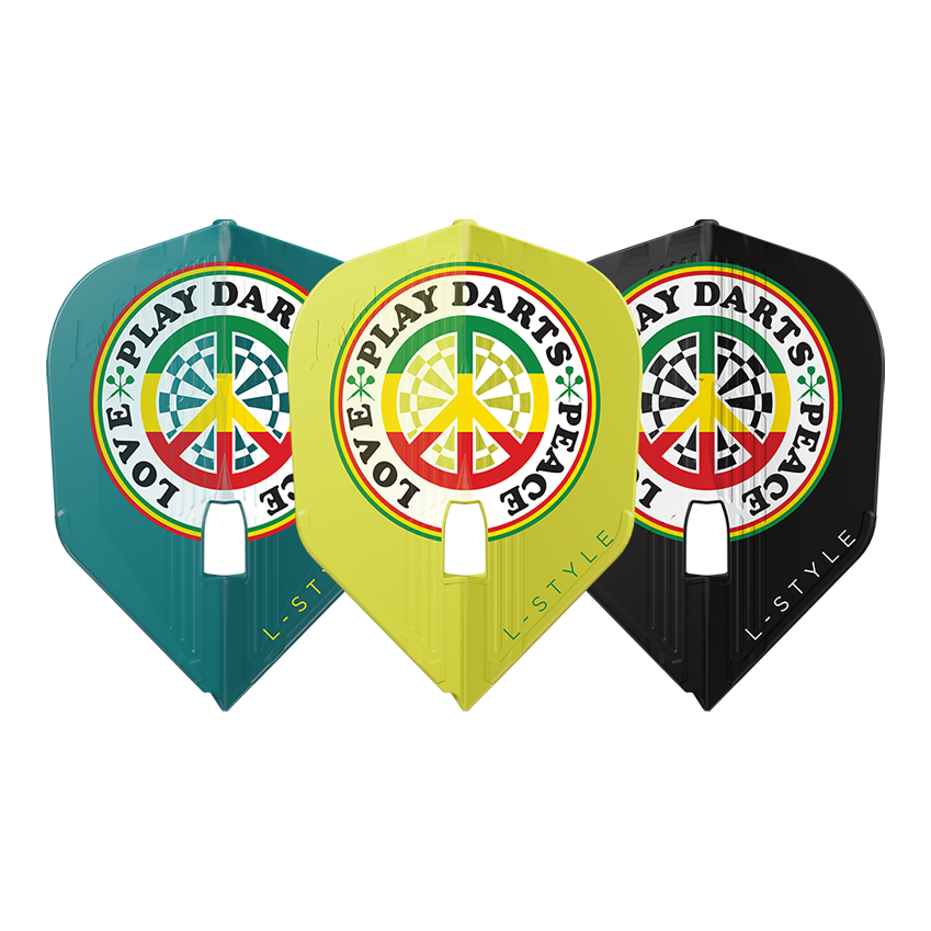 L-STyle Deta Hedman V4 Mix KAMI Flights Das Bild zeigt drei Dart-Flights der Marke L-Style in verschiedenen Farben. Auf jedem Flight steht „LOVE PLAY DARTS PEACE“ um ein Peace-Zeichen mit Dartboard-Muster.