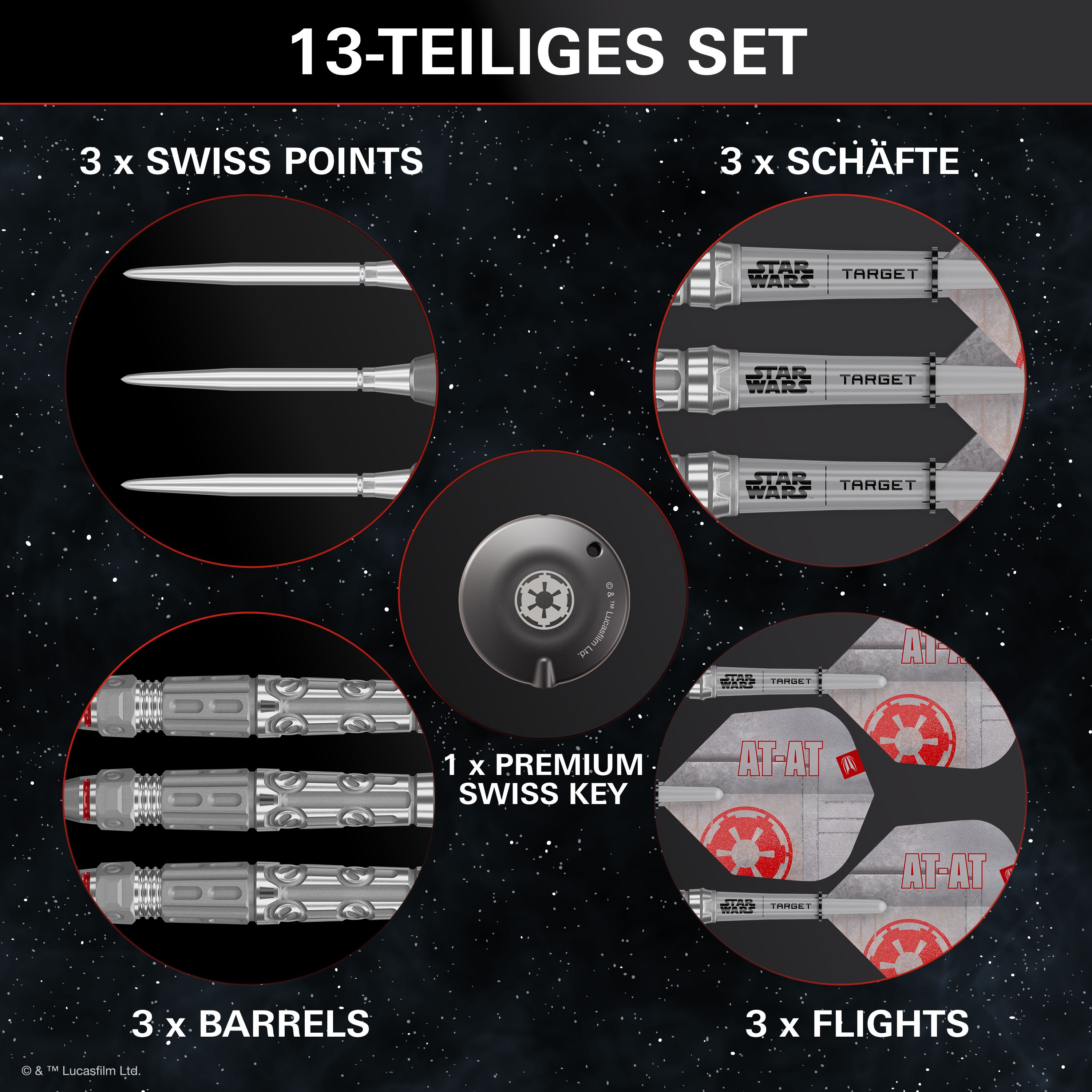 Target Star Wars AT-AT Swiss Point steel darts Auf dem Bild sieht man die Target Star Wars AT-AT Swiss Point Steeldarts. Sie sind von den bekannten AT-AT-Maschinen aus Star Wars inspiriert.