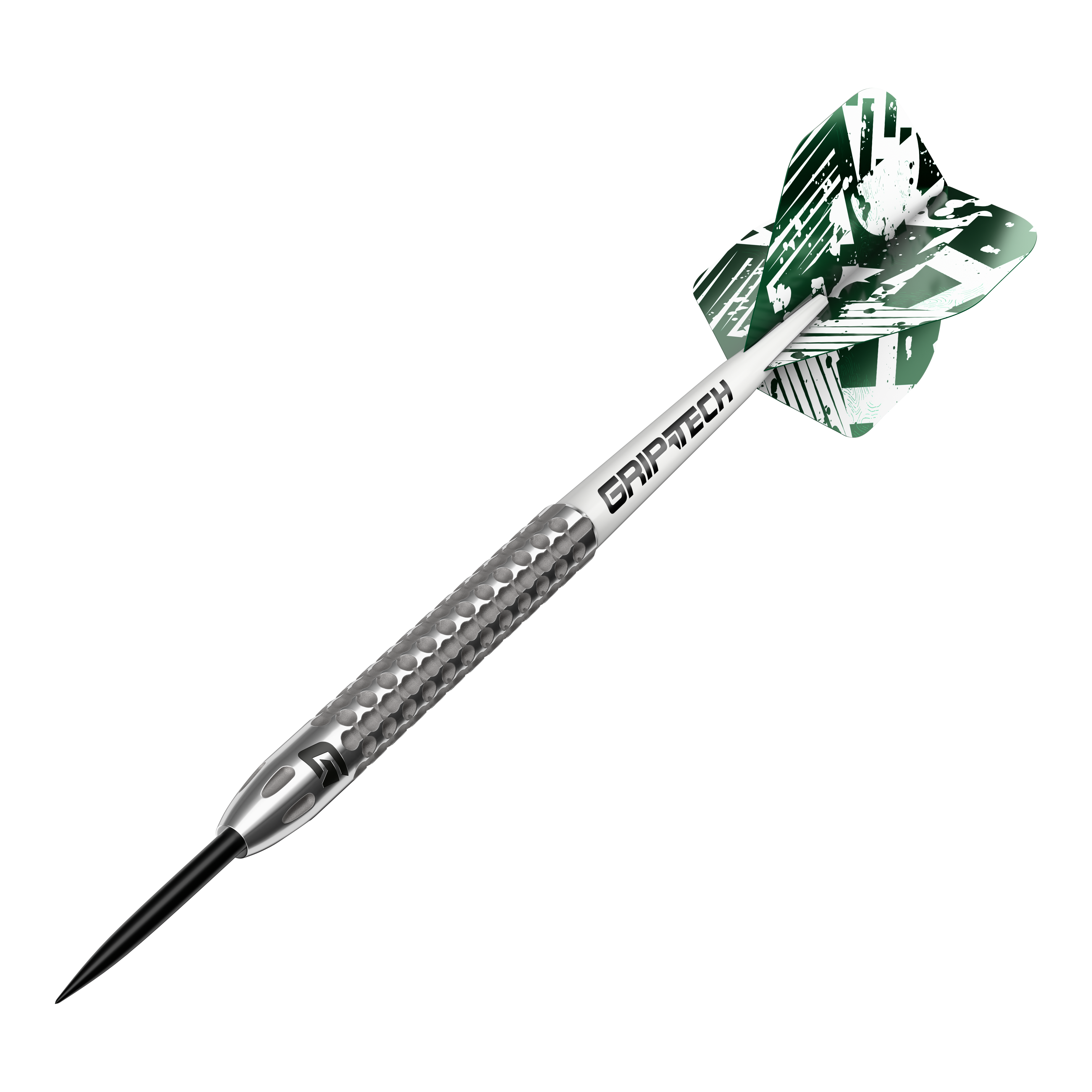 Das Bild zeigt einen GOAT Fairway V2 Tungsten Steeldart. Der Dartpfeil hat ein silbernes Griffstück mit strukturierter Oberfläche und grüne Flights mit weißem Muster.