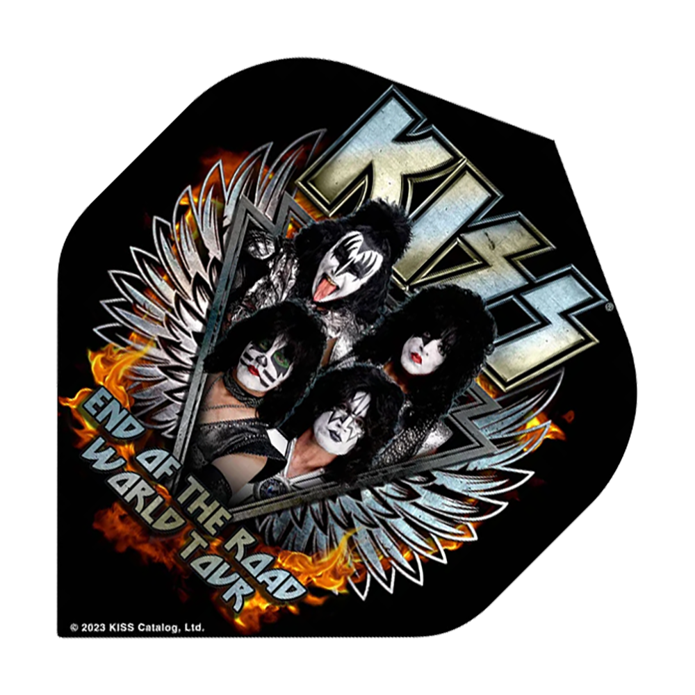 Mission Kiss End Of The Road No2 Standard Flights Das Bild zeigt ein Dart-Flight mit dem Motiv der Band KISS und dem Schriftzug "End of the Road World Tour". Im Hintergrund sind Flammen und silberne Flügel zu sehen.