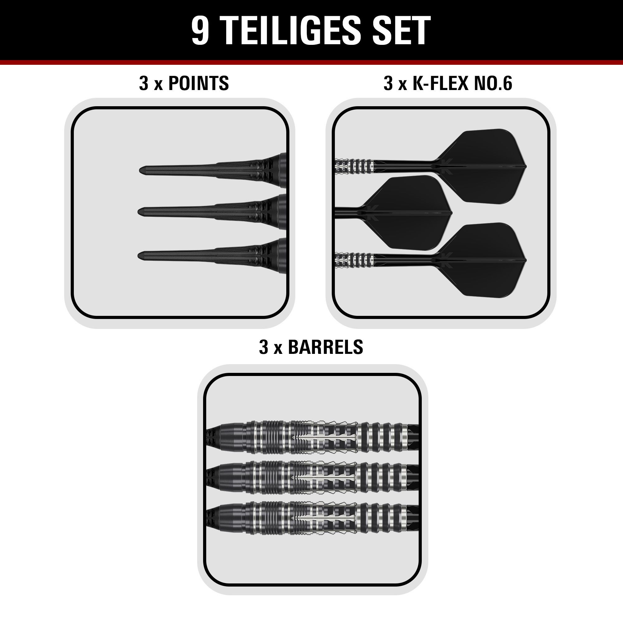Target Black Marque Blaze Soft Darts - 18g Gezeigt werden die Target Black Marque Blaze Softdarts mit 18g Gewicht. Diese Softdarts sind für ambitionierte Spieler entworfen.