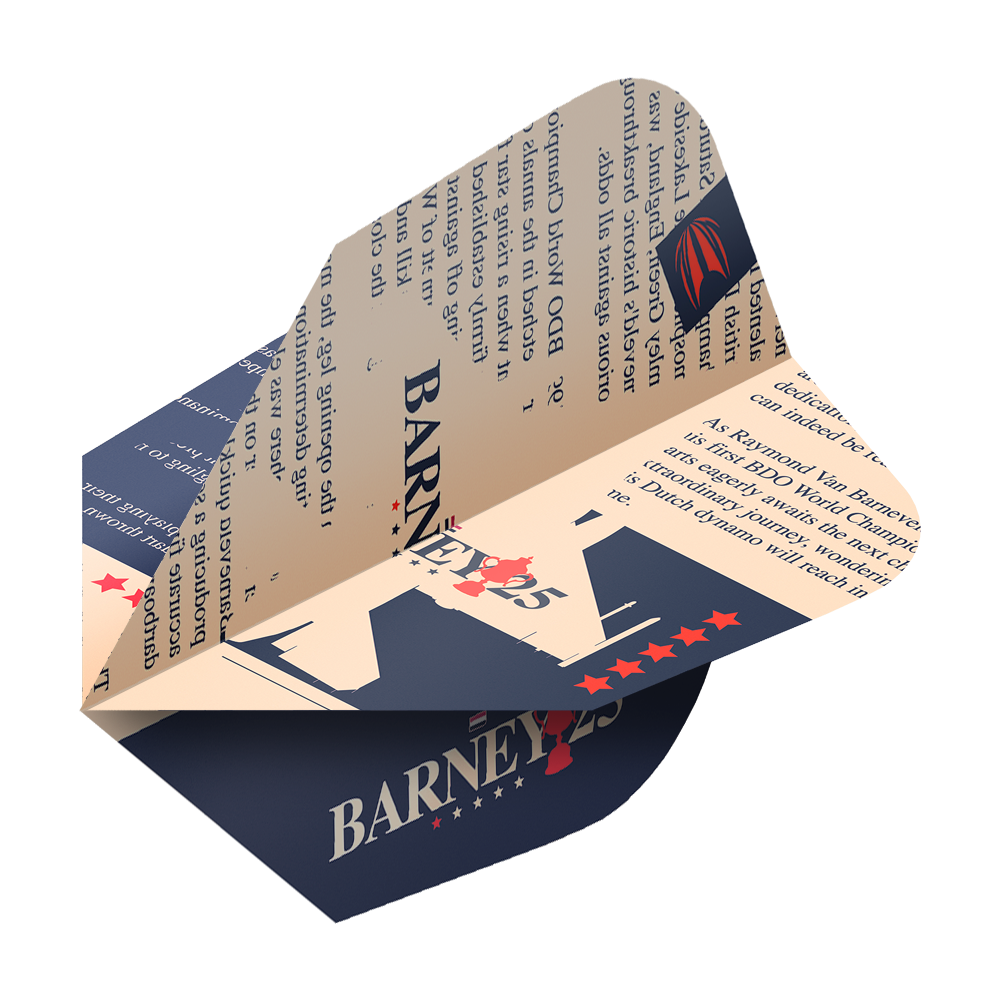 Das Bild zeigt ein Target ProUltra Raymond Van Barneveld Barney25 Ten-X Flight für Darts. Das Flight ist in Beige und Dunkelblau gehalten und mit Text sowie Sternen dekoriert.