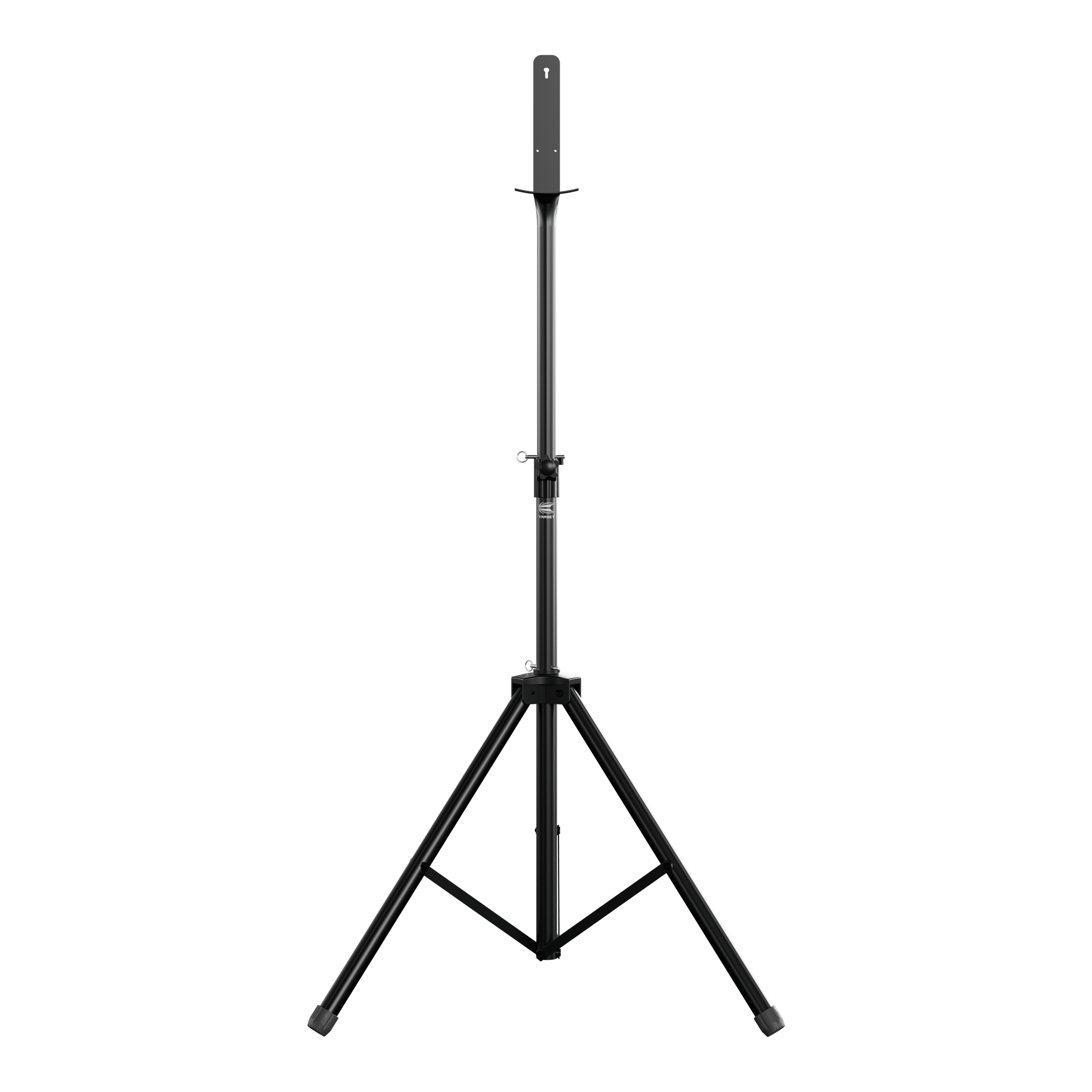 Das Bild zeigt einen Target Dartboard Stand mit einem stabilen, dreibeinigen Stativ. Der Ständer ist höhenverstellbar und eignet sich zum Aufhängen eines Dartboards.