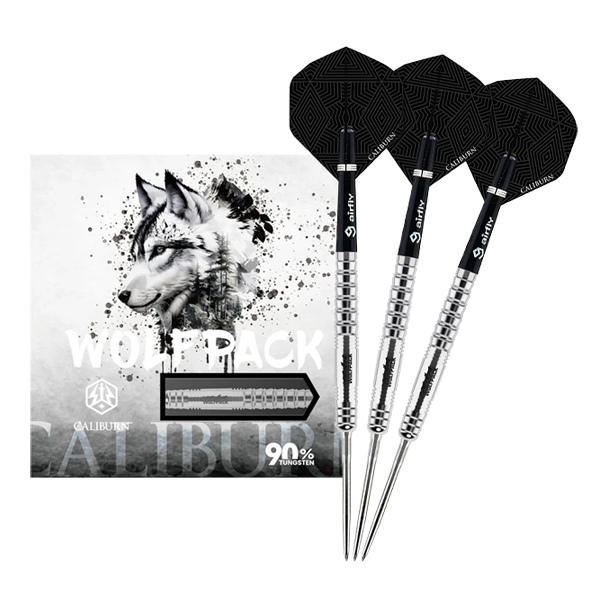 Gezeigt wird der Caliburn Wolfpack W6 Steeldart – 22g in voller Ansicht. Dieser Steeldart steht für genaue Würfe und hohe Qualität.