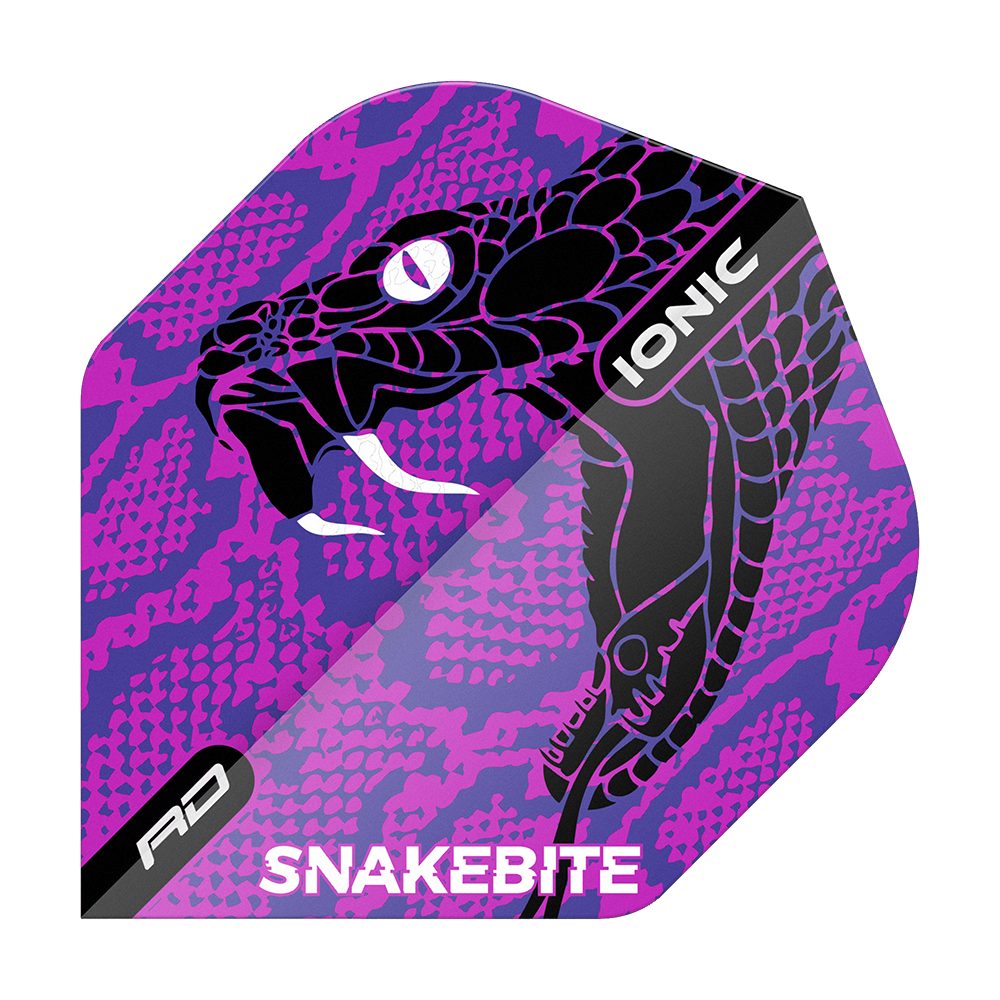 TF6570_Red_Dragon_Hardcore_Ionic_Snakebite_Purple_Head_Standard_Flights_1tWAWKk0qchKvY Das Bild zeigt einen Dart-Flügel mit einem lila Schlangenmotiv und auffälligem Design. Auf dem Flügel stehen die Wörter "IONIC", "RD" und "SNAKEBITE".