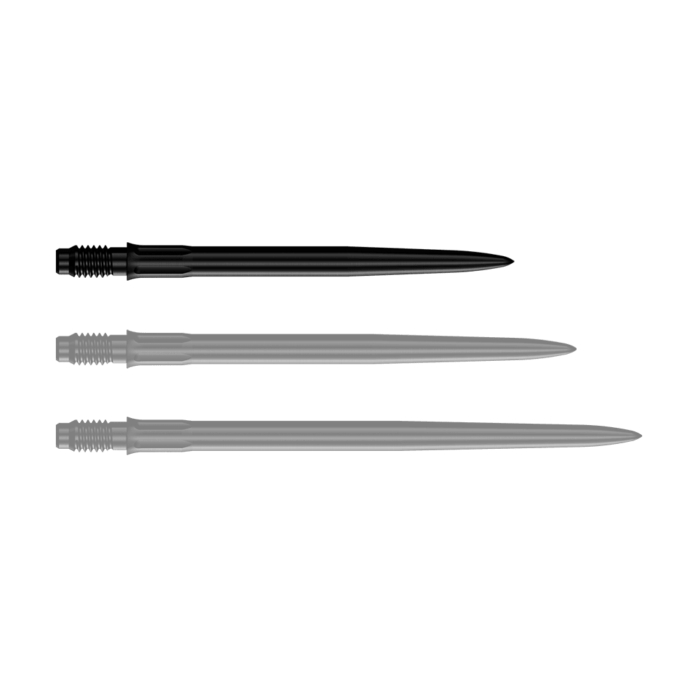 Mission R2.5 Rapid Point SM1 Dart Tips - Black Das Bild zeigt eine einzelne schwarze Dartspitze mit einer Länge von 30 mm. Die Spitze ist für den Einsatz in Darts gedacht.