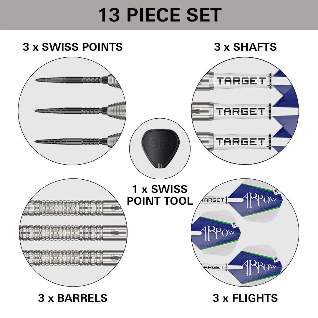 Target Shane McGuirk GEN1 Swiss Point Steel Darts - 23g Das Bild zeigt ein 13-teiliges Set des Produkts „Target Shane McGuirk GEN1 Swiss Point Steeldarts - 23g“. Enthalten sind 3 Swiss Points, 3 Shafts, 3 Barrels, 3 Flights und 1 Swiss Point Tool.