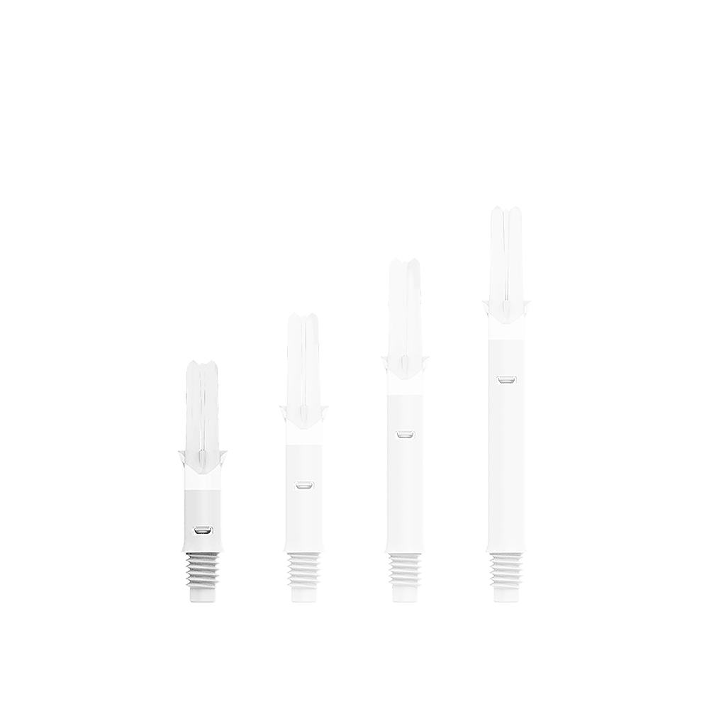 L-L-Style-Shafts Silent Straight - White Auf dem Bild sind vier weiße Dart-Schäfte in unterschiedlichen Längen zu sehen. Sie stehen nebeneinander auf weißem Hintergrund.