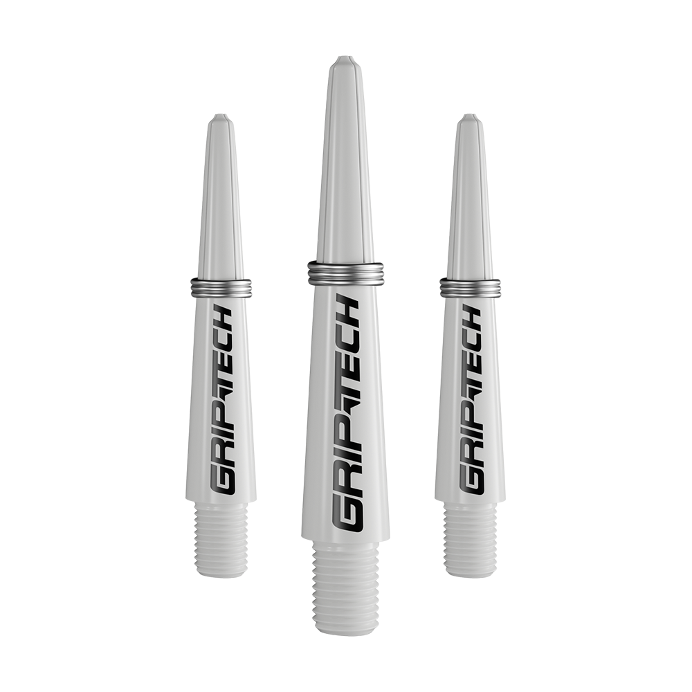 GOAT Griptech Shafts - White Das Bild zeigt drei silberne Dartschäfte mit der Aufschrift "GRIPTECH". Sie sind aus Kunststoff und haben ein Schraubgewinde am unteren Ende.
