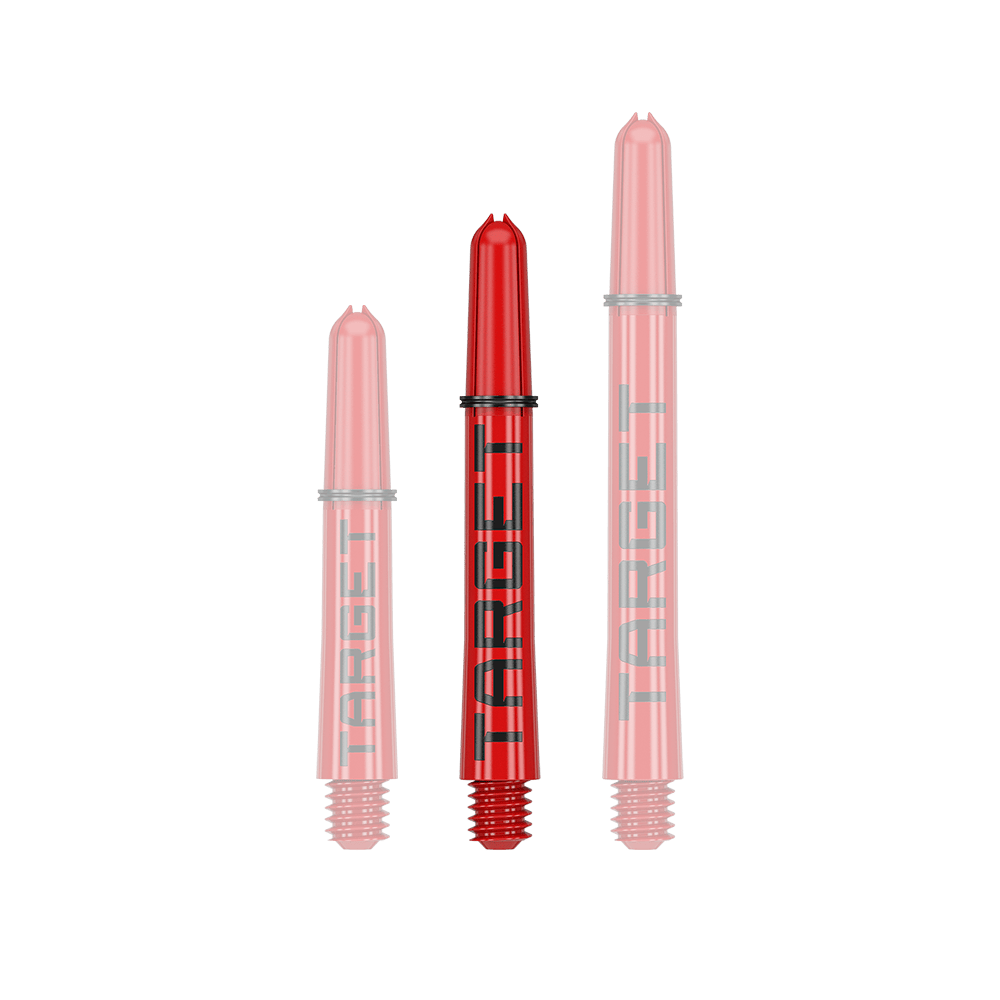 Target Pro Grip TAG Shafts - 3 Sets - Red Das Bild zeigt drei rote Dartschäfte in verschiedenen Längen. Auf den Schäften steht in schwarzer Schrift das Wort "TARGET".