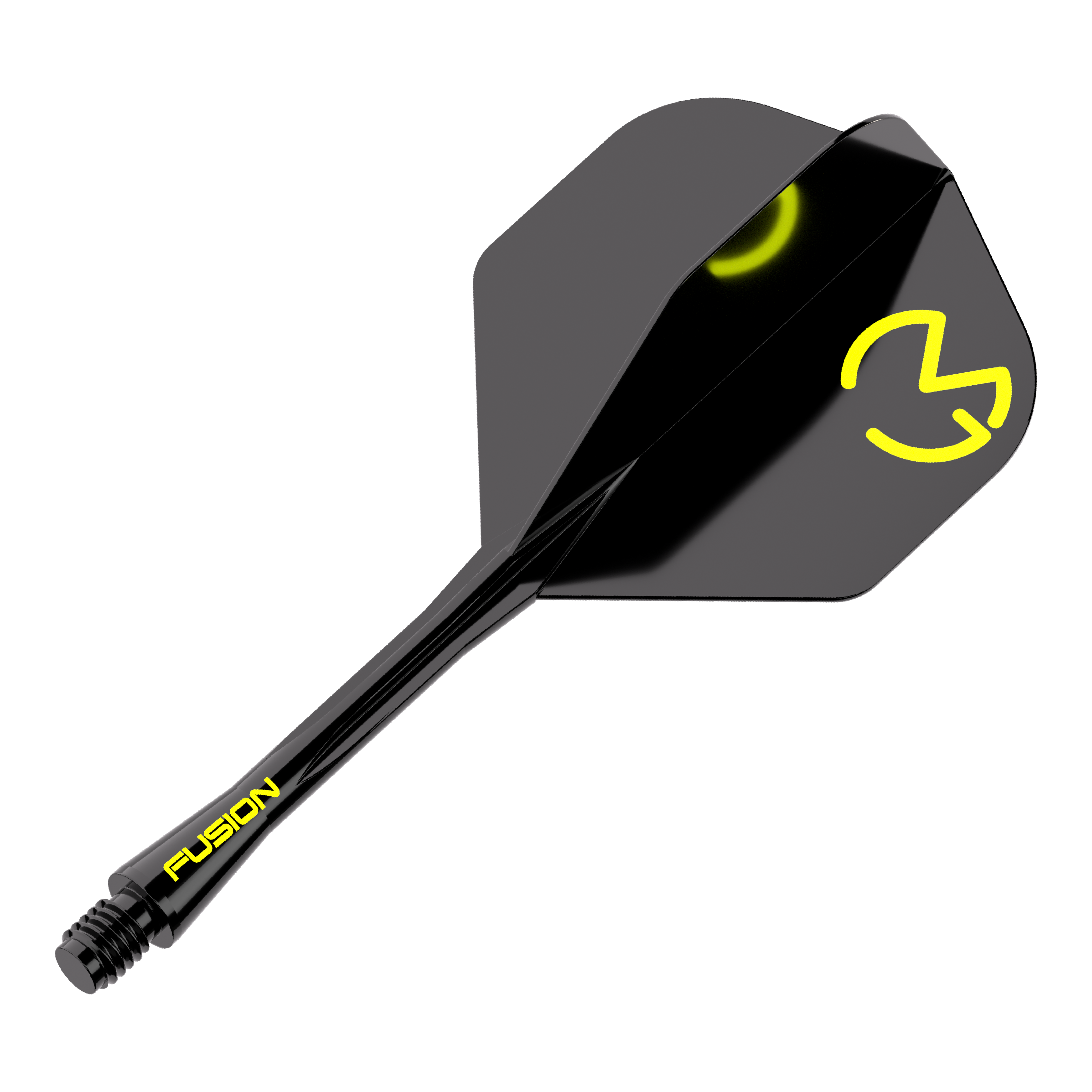 Winmau Fusion Flight Shaft System Michael Van Gerwen Pacman No2 Standard Das Bild zeigt das Winmau Fusion Flight-Shaft-System Michael Van Gerwen Pacman No2 Standard. Es ist schwarz mit gelben Akzenten und dem Logo auf dem Flight.
