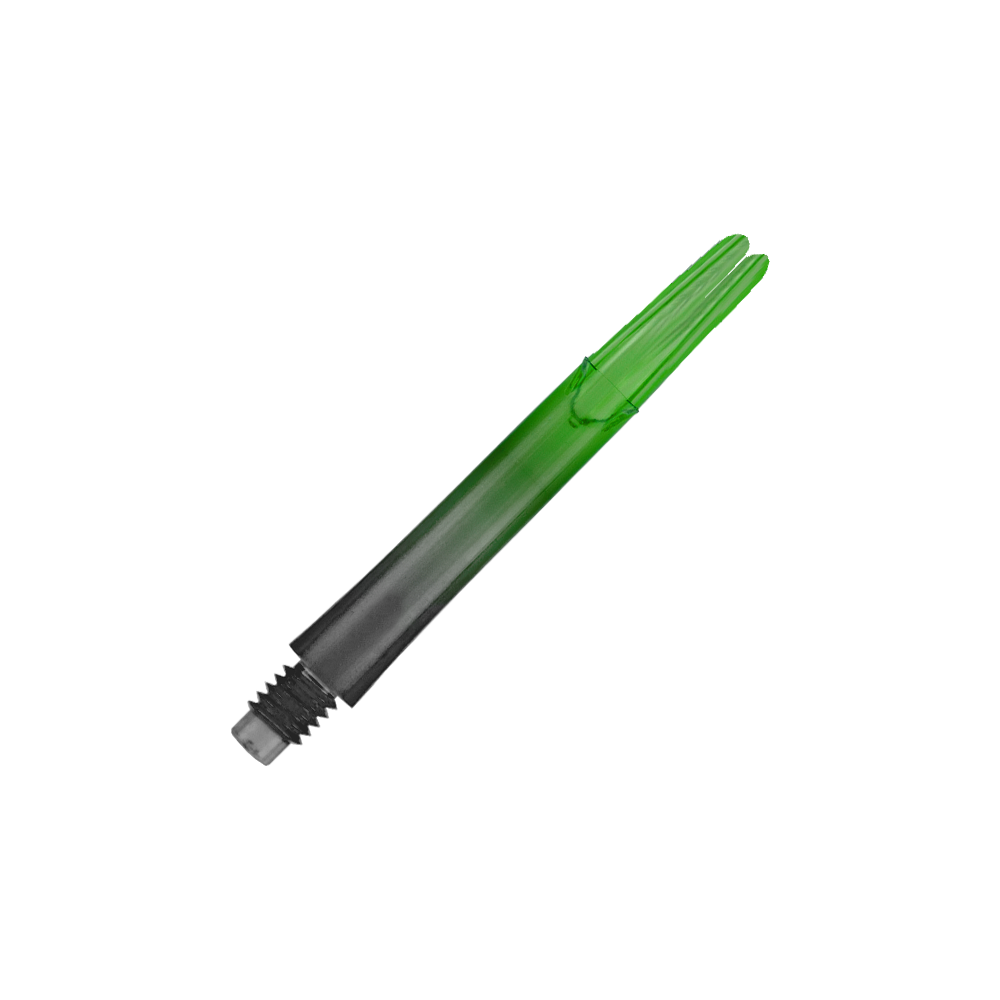 Das Bild zeigt einen zweifarbigen, geraden Dart-Schaft in grün und schwarz. Der Schaft hat ein Schraubgewinde am unteren Ende.
