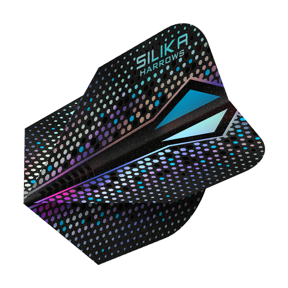 Harrows Silika Colourshift Tough Crystalline Coating Silver-X No6 Flights Dies ist ein Dartflight der Marke Harrows mit dem Namen „Silika Colourshift Tough Crystalline Coating Silver-X No6“. Das Design zeigt eine schwarze Oberfläche mit schimmernden, bunten Sechsecken und blauen Akzenten.