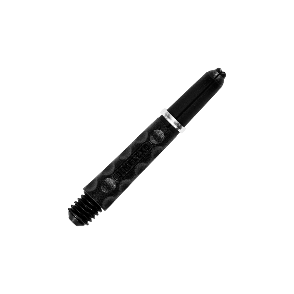 HR321_Harrows_Dimplex_Shafts_Schwarz_34mm_2 Das Bild zeigt den Harrows Dimplex Shaft in Schwarz. Der Schaft hat eine strukturierte Oberfläche mit runden Vertiefungen für besseren Halt.