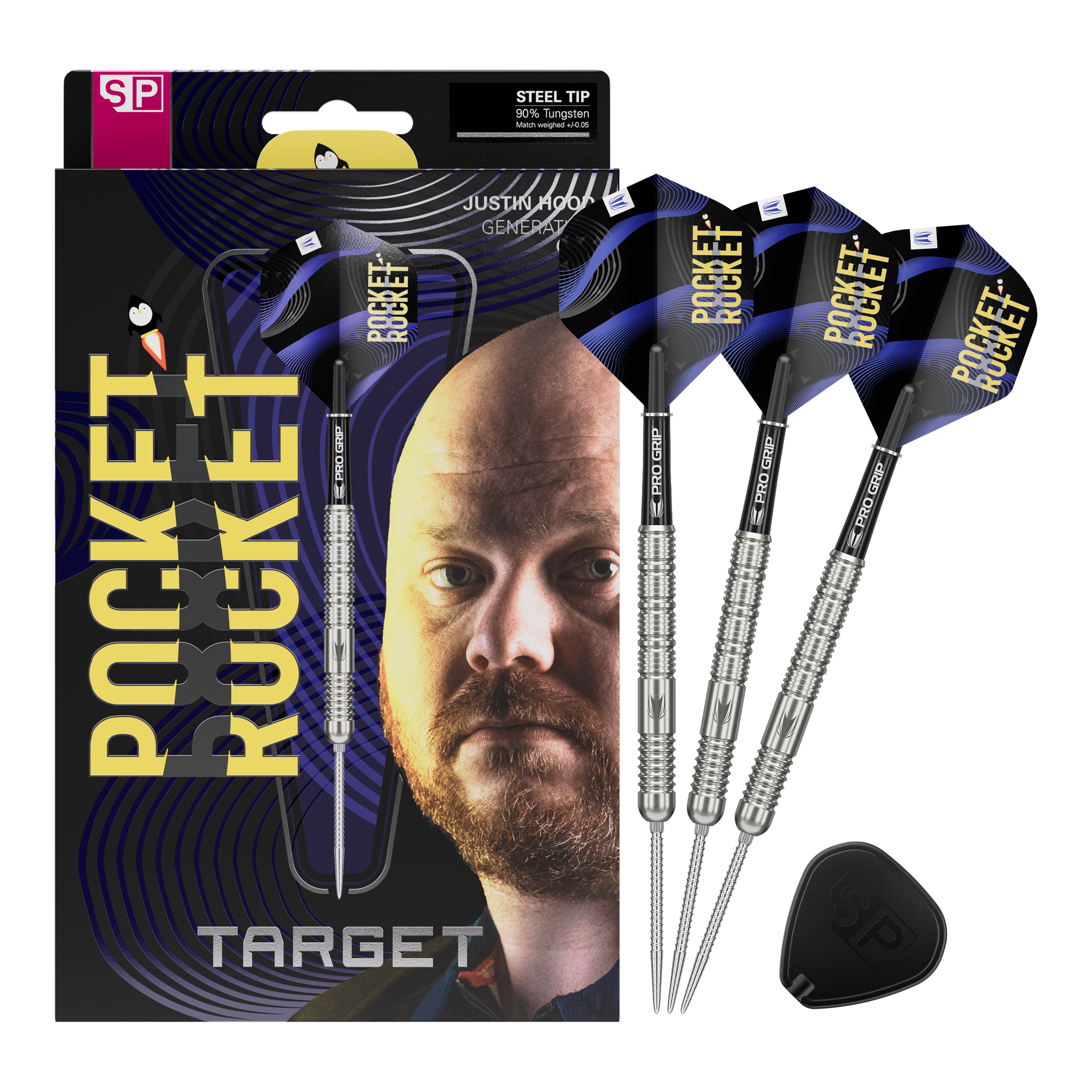 Target Justin Hood Swiss Points Steeldarts - 23g Auf dem Bild sieht man die vollständigen Target Justin Hood Swiss Points Steeldarts mit 23 Gramm. Das Set ist ideal für Dartliebhaber und Profispieler.