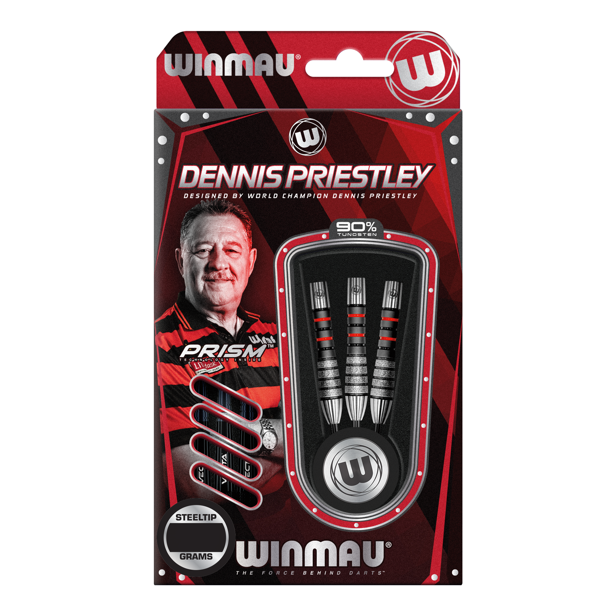 Winmau Dennis Priestley Diamond 3-Zero steel darts Das Bild zeigt die Verpackung der Winmau Dennis Priestley Diamond 3-Zero Steeldarts. In der Packung sind drei hochwertige Steeldarts aus 90% Tungsten zu sehen.