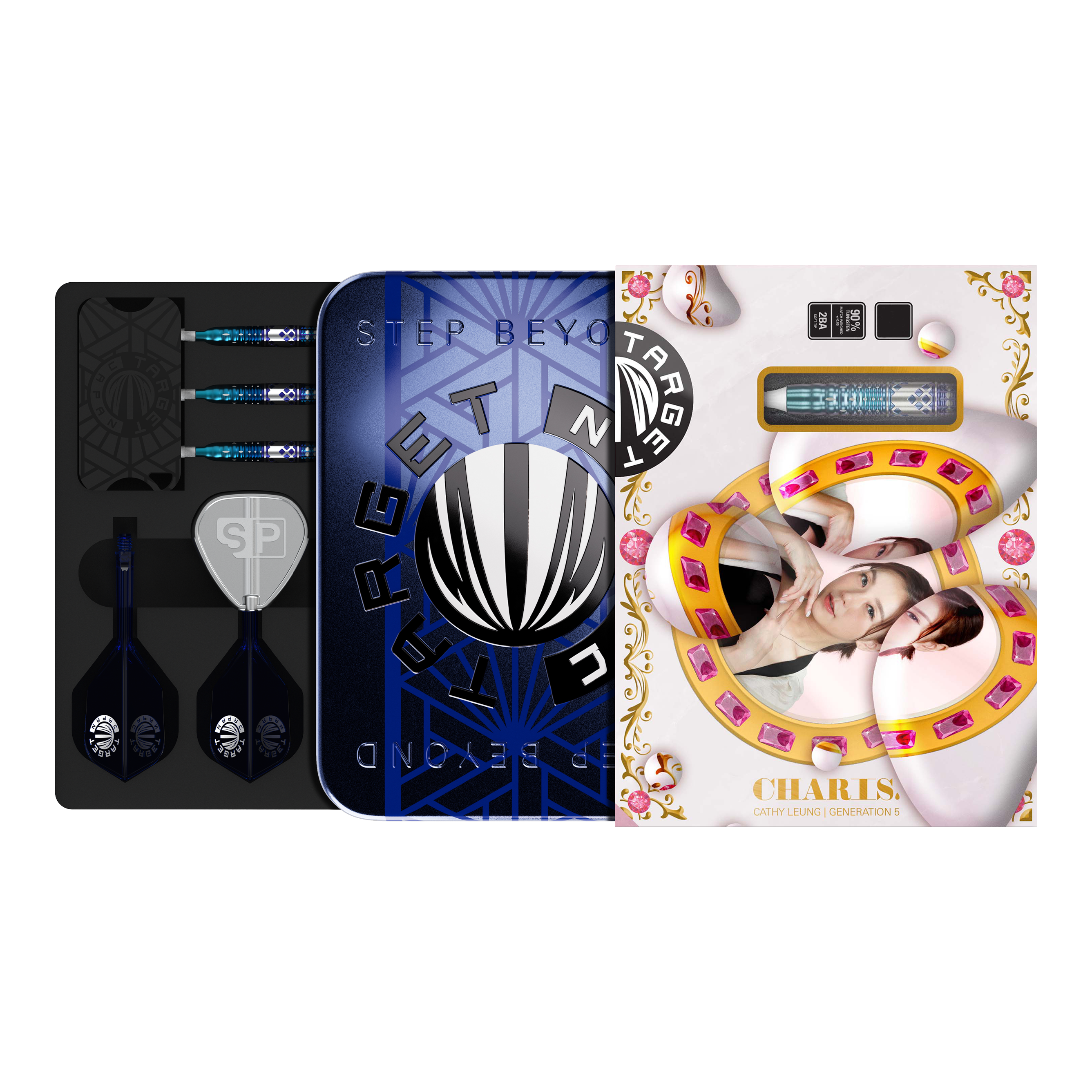 Das Bild zeigt das Produkt "Target Japan Cathy Leung Charis GEN5 Softdarts - 19g" in einer dekorativen Verpackung. Im Inneren sind die Darts, Flights und weiteres Zubehör ordentlich angeordnet.