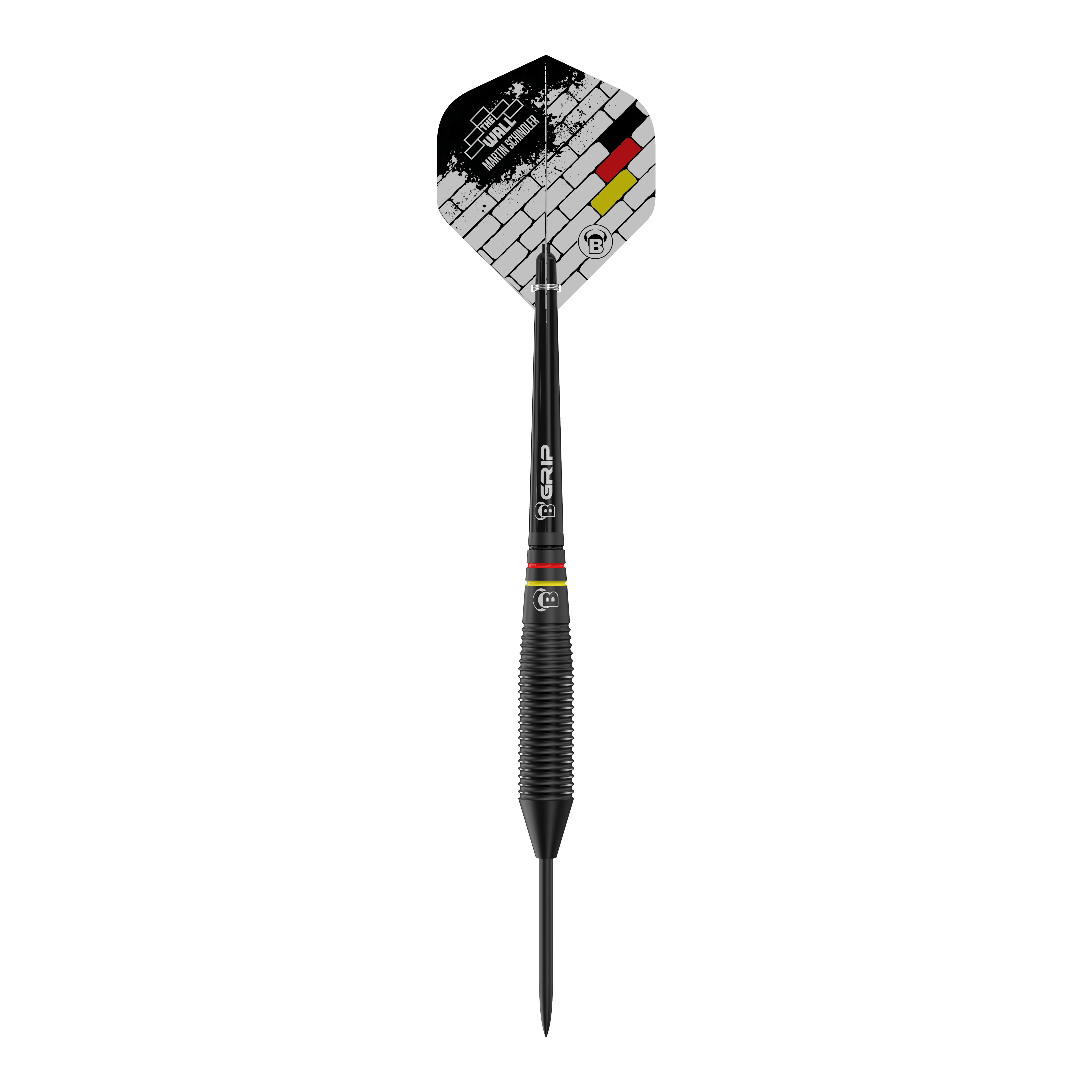 Bulls Martin Schindler The Wall Black Brass Steeldarts Auf dem Bild ist ein schwarzer Steeldart abgebildet, der das Design "Bulls Martin Schindler The Wall Black Brass" trägt. Die Flight zeigt ein Ziegelmuster mit den Farben Schwarz, Rot und Gelb.