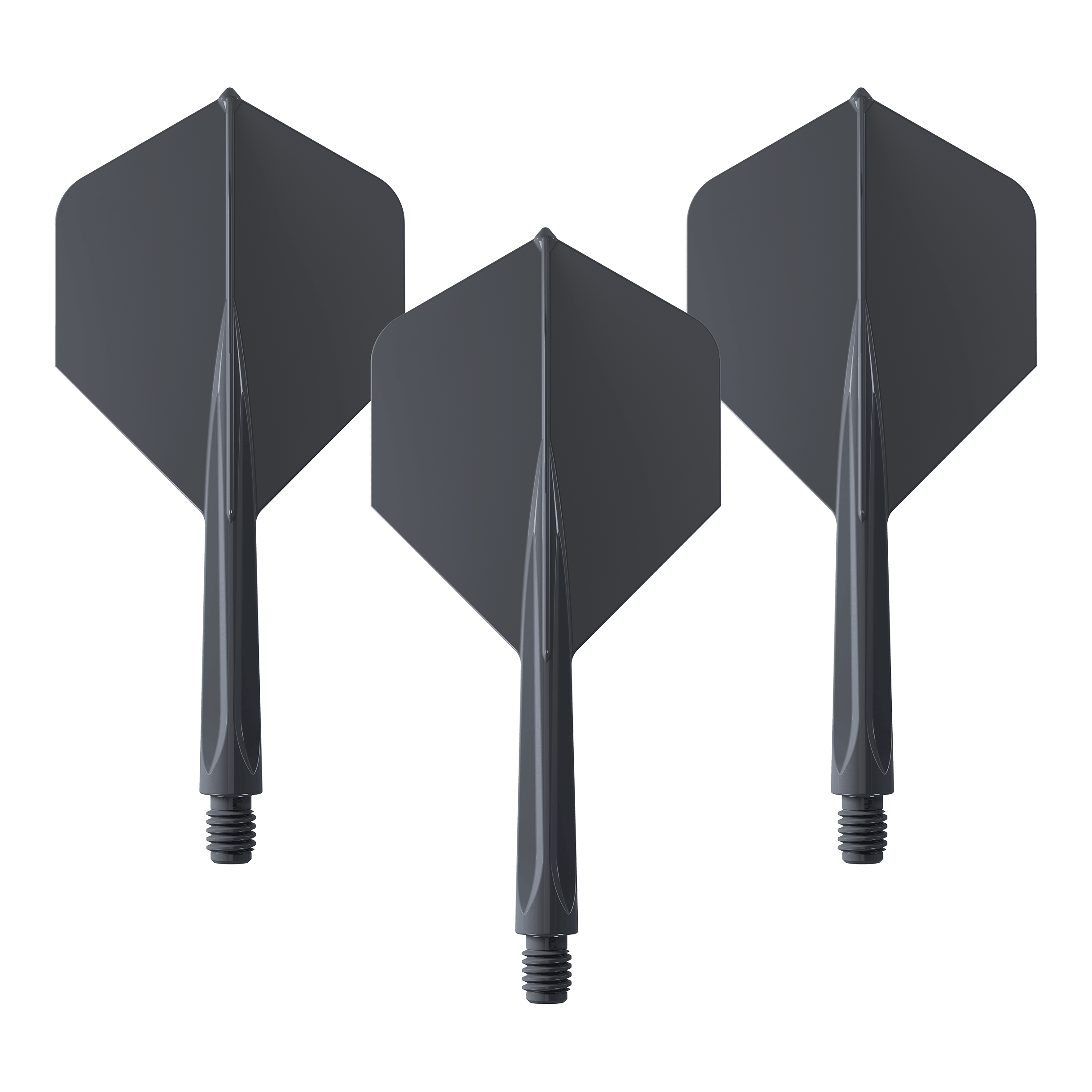Unicorn Forge All In One Plus No2 Standard Flights Black - Medium Das Bild zeigt drei schwarze Dartflights mit integriertem Schaft in mittlerer Größe. Es handelt sich um das Produkt "Unicorn Forge All In One Plus No2 Standard Flights Schwarz - Medium".