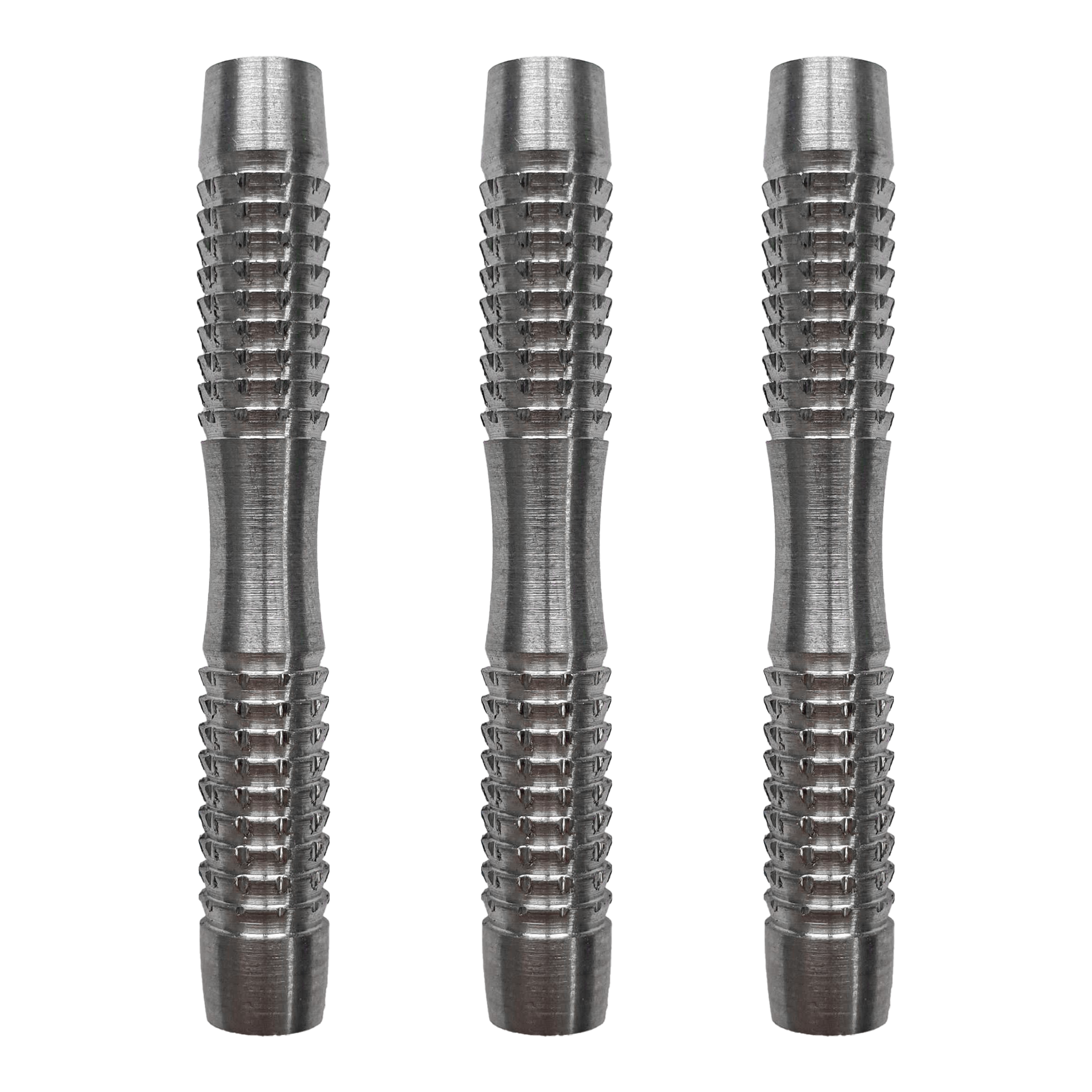 McDart Blank Shark soft dart barrels Das Bild zeigt drei silberne McDart Blank Shark Softdart-Barrels. Sie haben eine geriffelte Oberfläche für besseren Halt.