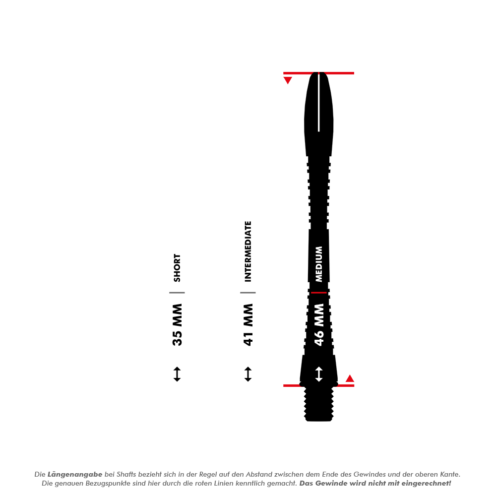 Das Bild zeigt drei verschiedene Längen von Dart-Schäften: 35 mm (Short), 41 mm (Intermediate) und 46 mm (Medium). Die Längenangabe bezieht sich auf den Abstand zwischen dem Ende des Gewindes und der oberen Kante, das Gewinde wird nicht mit eingerechnet.