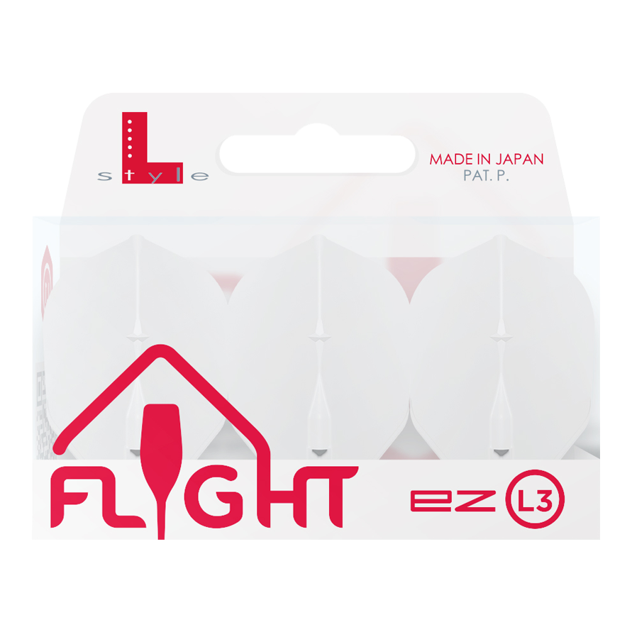 L-L-Style3EZ Flights Auf dem Bild ist eine Verpackung von L-Style Flights für Darts zu sehen. Die Verpackung ist weiß und enthält drei Flights des Typs EZ L3, hergestellt in Japan.